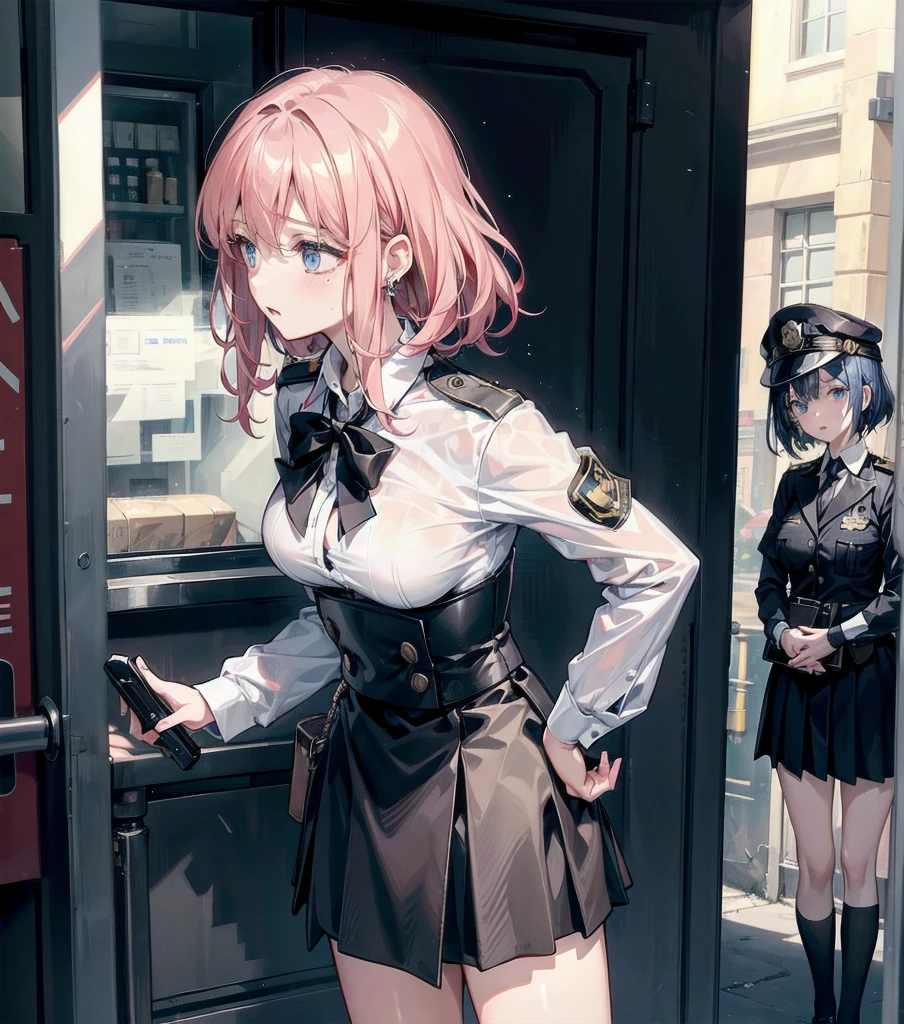 (((yuri))), (((2 girls))), ((police uniform)), absurdres, RAW photo, extremely delicate and beautiful, masterpiece, Best Quality, ultra high resolution, 32k, hyperrealistic, ultra-detailed, detailed description, perfect anatomy, pale skin, 20 years old, detailed beautiful face and eyes, tearful mole, earring, short medium hair, wavy hair, random colored hair, whole body shot, colossal tits, collared shirt, skirt, 