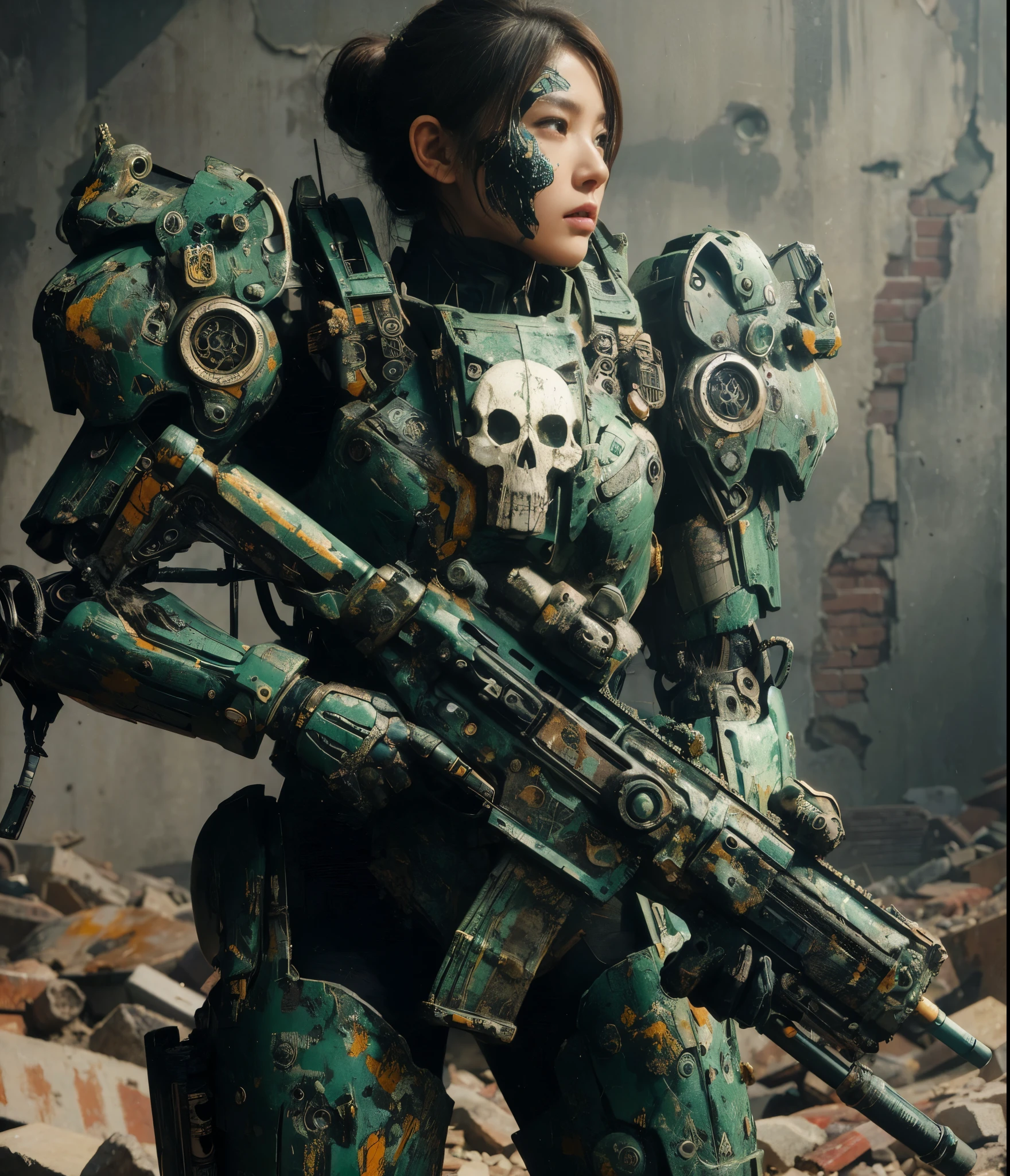 8k,Realistic Skin Texture、Superrealism、Realistic Photo、A futuristic Japanese female soldier stands amongst rubble、Damaged moss green metal armor、Skull mark painted on armor、Painting of the unit and identification number、Peeling paint、Oil stains、Energy Rifle、fighting spirit、Detailed Description、Dynamic pose