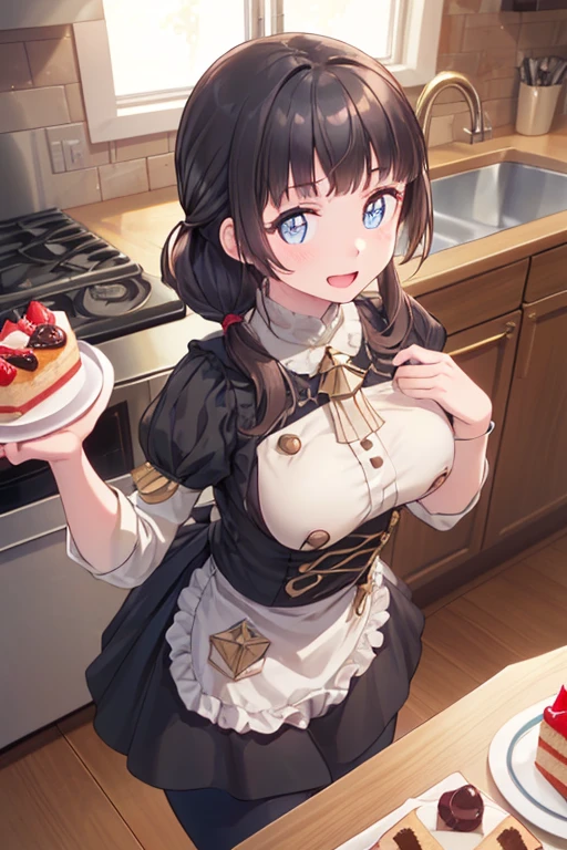 (dynamic angle:1.3, front view:1.1, breast focus:1.3, from above:1.1), (dynamic posing:1.2, sexy posing:1.2), (seductive smiling:1.3), ((looking at cake,Taking a cake out of the golden oven, worried about the outcome:1.2)),highest quality、(real、photorealistic:1.4),(ultra high resolution, 8K RAW photo, clear focus), best qualtiy, natural lighting, field depth, (Bright pupils, detailed beautiful eyes, high detailed face), Red lip, (tight focus:1.2), a girl 22yo old, Wearing a pastry chef uniform:1.3 , Thicc, thin breast, long hair, blue eyes,a pastry pretty girl:1.1, (highly detailed beautiful face and eyes,small breasts),real skin,((black,hair,long pony tail hair)),thin pubic hair,cute,lovely, detailed eyes,(double breasted:1.0,under bust:1.0),(with sparkling eyes and a contagious smile),open mouth, Looking at Viewer,A scene of cooking in the kitchen with the oven made by goldden
