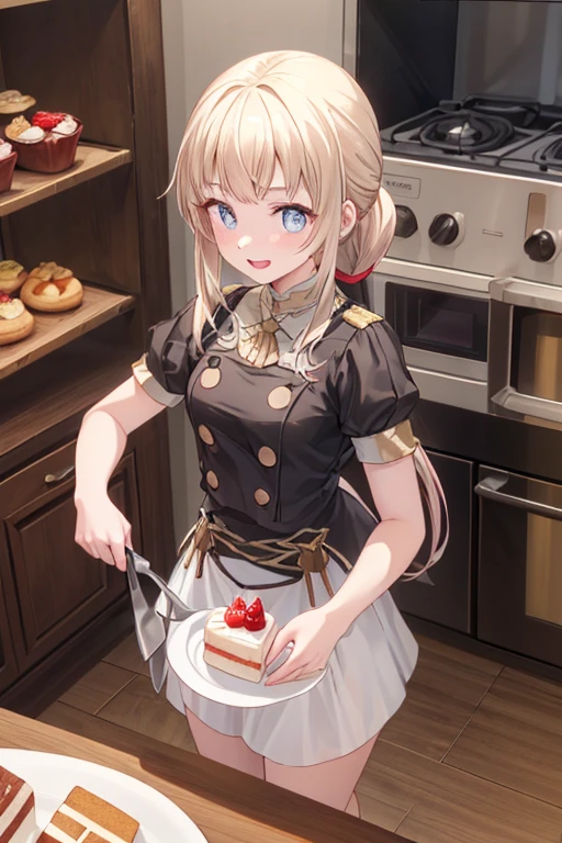 (dynamic angle:1.3, front view:1.1, breast focus:1.3, from above:1.1), (dynamic posing:1.2, sexy posing:1.2), (seductive smiling:1.3), ((looking at cake,Taking a cake out of the golden oven, worried about the outcome:1.2)),highest quality、(real、photorealistic:1.4),(ultra high resolution, 8K RAW photo, clear focus), best qualtiy, natural lighting, field depth, (Bright pupils, detailed beautiful eyes, high detailed face), Red lip, (tight focus:1.2), a girl 22yo old, Wearing a pastry chef uniform:1.3 , Thicc, thin breast, long hair, blue eyes,a pastry pretty girl:1.1, (highly detailed beautiful face and eyes,small breasts),real skin,((black,hair,long pony tail hair)),thin pubic hair,cute,lovely, detailed eyes,(double breasted:1.0,under bust:1.0),(with sparkling eyes and a contagious smile),open mouth, Looking at Viewer,A scene of cooking in the kitchen with the oven made by goldden
