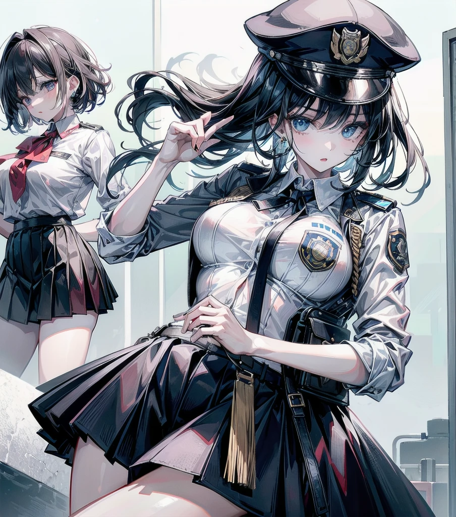 (((yuri))), (((2 girls))), ((police uniform)), absurdres, RAW photo, extremely delicate and beautiful, masterpiece, Best Quality, ultra high resolution, 32k, hyperrealistic, ultra-detailed, detailed description, perfect anatomy, pale skin, 20 years old, detailed beautiful face and eyes, tearful mole, earring, short medium hair, wavy hair, random colored hair, whole body shot, colossal tits, collared shirt, skirt, 