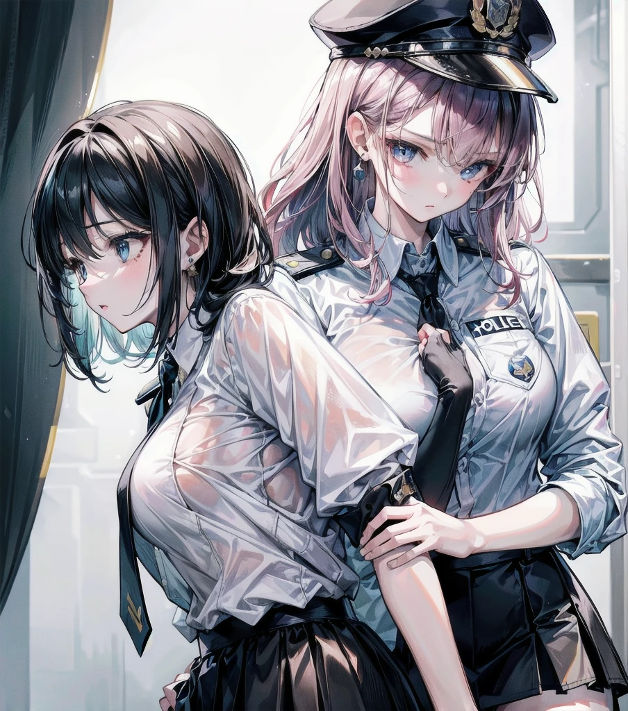 (((yuri))), (((2 girls))), ((police uniform)), absurdres, RAW photo, extremely delicate and beautiful, masterpiece, Best Quality, ultra high resolution, 32k, hyperrealistic, ultra-detailed, detailed description, perfect anatomy, pale skin, 20 years old, detailed beautiful face and eyes, tearful mole, earring, short medium hair, wavy hair, random colored hair, whole body shot, colossal tits, collared shirt, skirt,