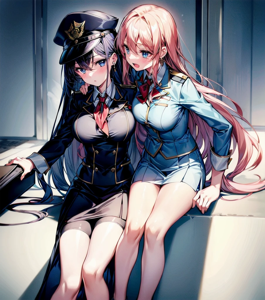 (((yuri))), (((2 girls))), ((police uniform)), absurdres, RAW photo, extremely delicate and beautiful, masterpiece, Best Quality, ultra high resolution, 32k, hyperrealistic, ultra-detailed, detailed description, perfect anatomy, pale skin, 20 years old, detailed beautiful face and eyes, tearful mole, earring, short medium hair, wavy hair, random colored hair, whole body shot, colossal tits, collared shirt, skirt,