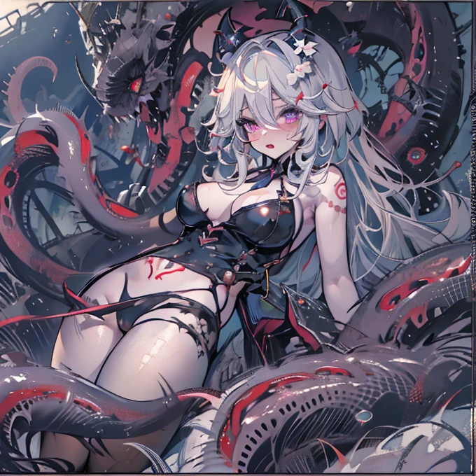 masterpiece, best quality, pubic tattoo on underbelly, girl, bishoujo, , magical_girl, loling hair, white hair, tentacle hair, blood on face, light blush, purple eyes, medium breasts, crop top, bare_legs, torn pantyhose, black pantyhose, latex legwear, black legwear, demon horns, shirt lift, leg_lift, tentacle, footjob, grinding, pussy_juice, femdom, girl_on_top, vore, blood, show foot, ass_visible_through_thighs, Tentacle entanglement,Evil Magical Girl,Purple battle suit,