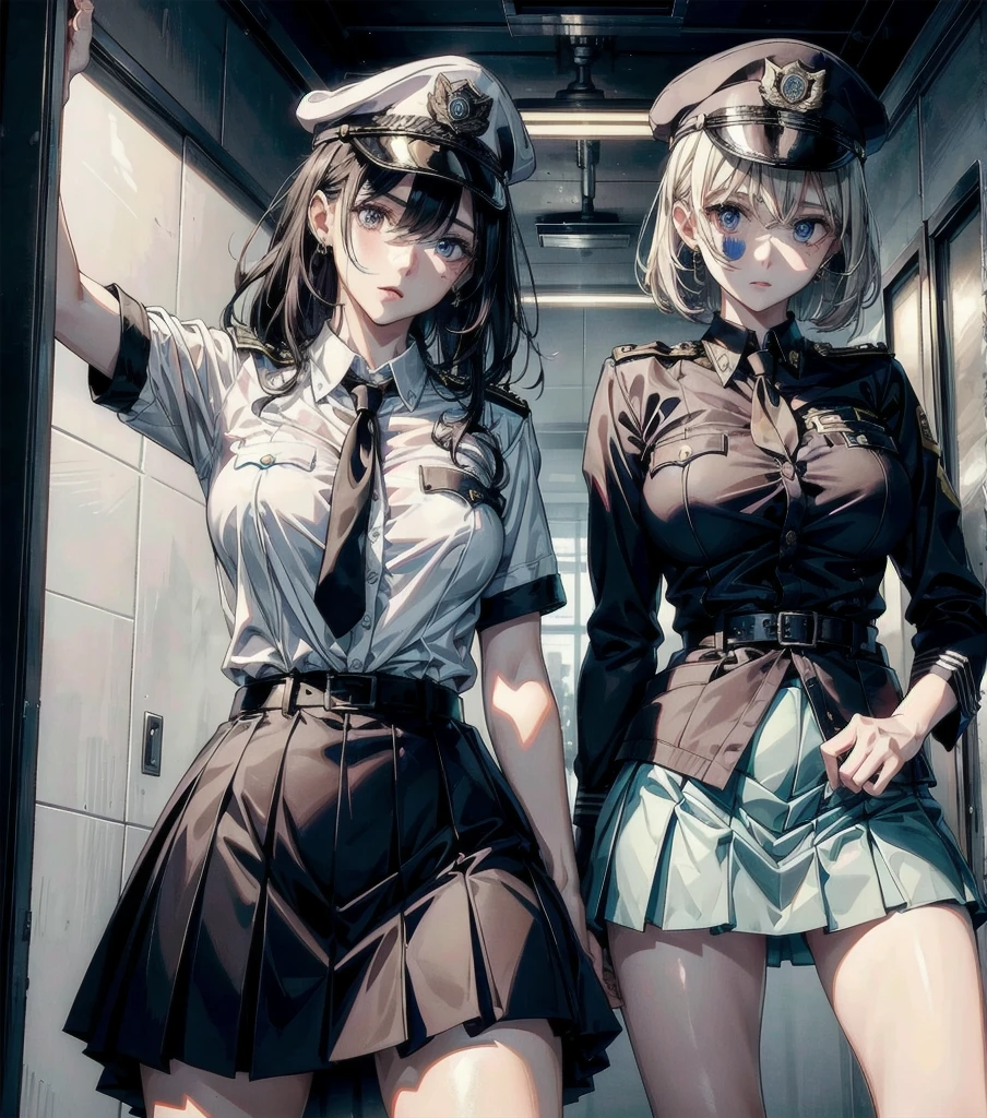 (((yuri))), (((2 girls))), ((police uniform)), absurdres, RAW photo, extremely delicate and beautiful, masterpiece, Best Quality, ultra high resolution, 32k, hyperrealistic, ultra-detailed, detailed description, perfect anatomy, pale skin, 20 years old, detailed beautiful face and eyes, tearful mole, earring, short medium hair, wavy hair, random colored hair, whole body shot, colossal tits, collared shirt, skirt,