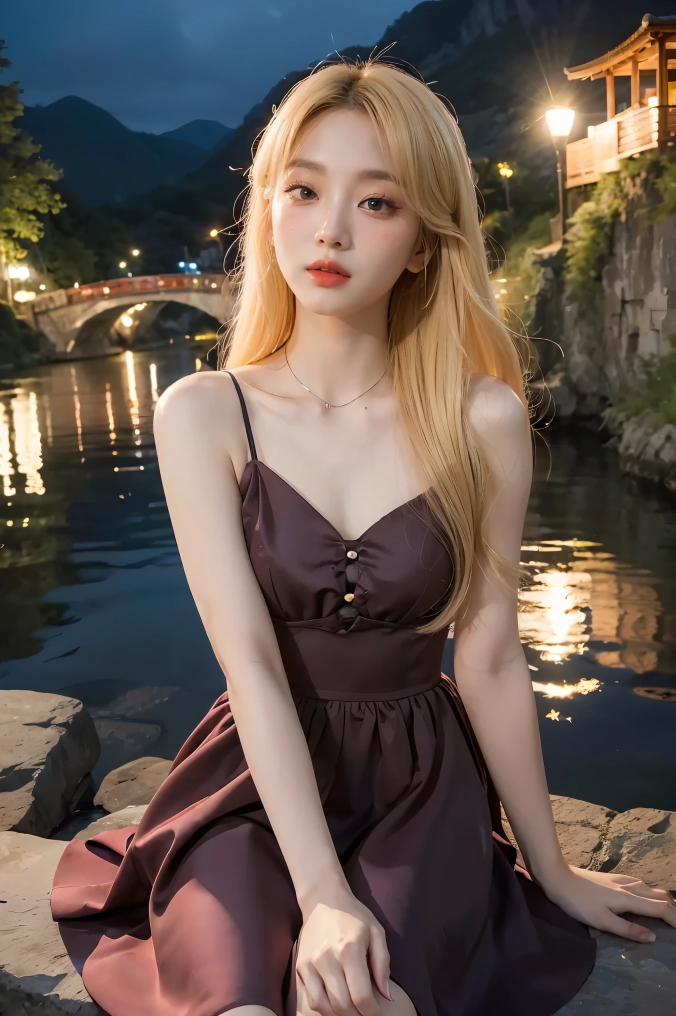 Korean woman age 24, Facing straight, close face, Beautiful picture, good composition, The most beautiful woman in the world, Moonlight reflection river background, Shoulder-showing dress, ((Shoulder length hair)), mountain hill, ((colored dress)), river in the middle of the valley, red roses, ((Light blonde hair)), ((Small chest)), Long eyelashes