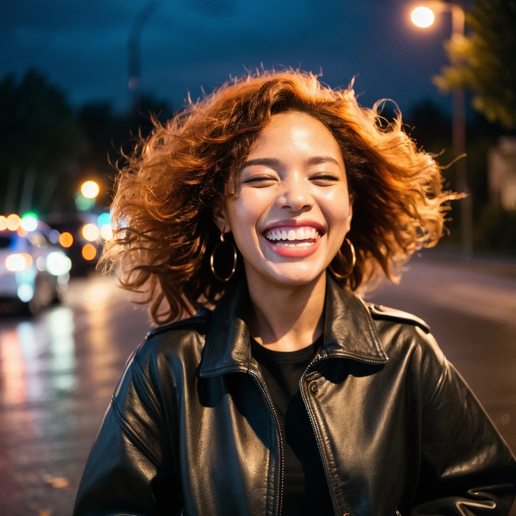 (best quality,realistic,highres,masterpiece:1.2),ultra-detailed,photorealistic:1.37,portrait,black South African women with orange hair wearing a leather jacket, laughing in the rain,night,summer, day, joyful,film grain,Ilford HP5,35mm