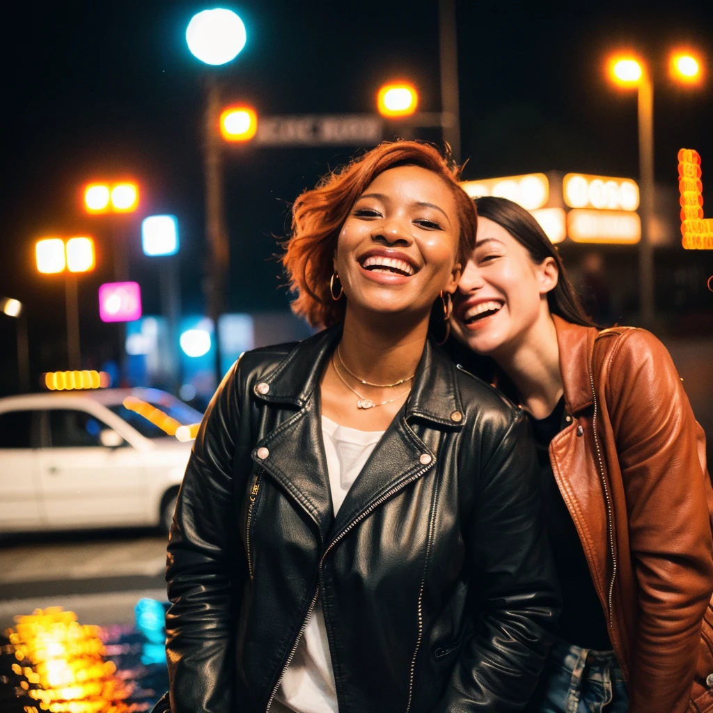 (best quality,realistic,highres,masterpiece:1.2),ultra-detailed,photorealistic:1.37,portrait,black South African women with orange hair wearing a leather jacket, laughing in the rain,night,summer, day, joyful,film grain,Ilford HP5,35mm