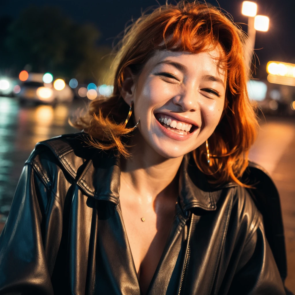 (best quality,realistic,highres,masterpiece:1.2),ultra-detailed,photorealistic:1.37,portrait,black South African women with orange hair wearing a leather jacket, laughing in the rain,night,summer, day, joyful,film grain,Ilford HP5,35mm