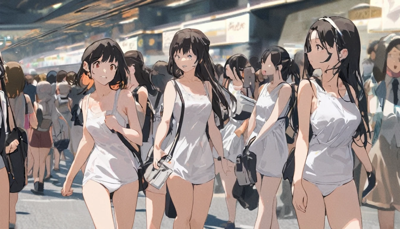 A crowd of girls wearing sleeveless white underwears, sleeveless White tank top underwear,sleeveless White camisole underwear, White panties underwear,leather shoes and shoulder bags commuting to work,Everyone in the same underwear