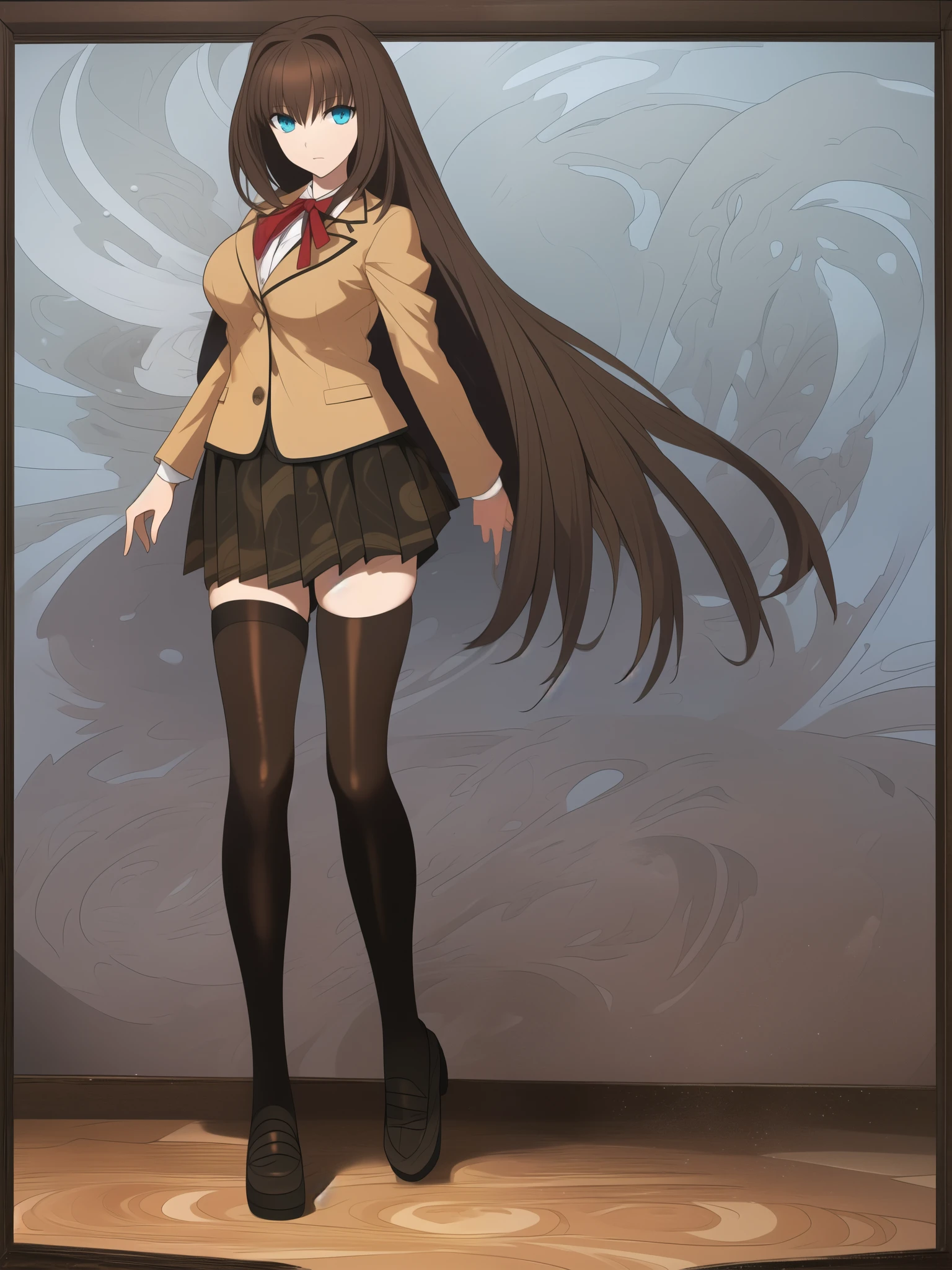 BREAK, blank background, white background, (EMPTY BACKGROUND), BREAK (masterpiece:1.2), best quality, high resolution, 8k, illustration, (beautiful detailed eyes:1.6), extremely detailed face, extremely detailed, CG, perfect hands, perfect anatomy, (((1girl))), (((solo))), (((bbaoko:1)), (((2 legs max:1.7))), (((2 feet max:1.6))), ((swirling vortex shaped longest brown hair:1.5)), (brown longest hair with slightly reddish undertone:1.6), (lush luscious longest brown hair:1.6), (very long voluminous longest brown hair:1.5), serious, blue eyes, red bowtie, (Form-fitting beige blazer:1.5), brown jacket, (highly detailed beautiful face:1.2), (white shirt:1), (well shaped large breasts:1.6), (nice hips:1), (((Umber pleated thigh-high skirt:1.6))), (((black bike shorts:1.4))), (2 nice visible thighs:1.6), (symmetrical thigh-high black colored stockings:1.6), (strap shoes brown color), (facing front:1.5), ((standing straight:1.5)), ((Fullbody in frame:1.6)), ((Full body:1.5))