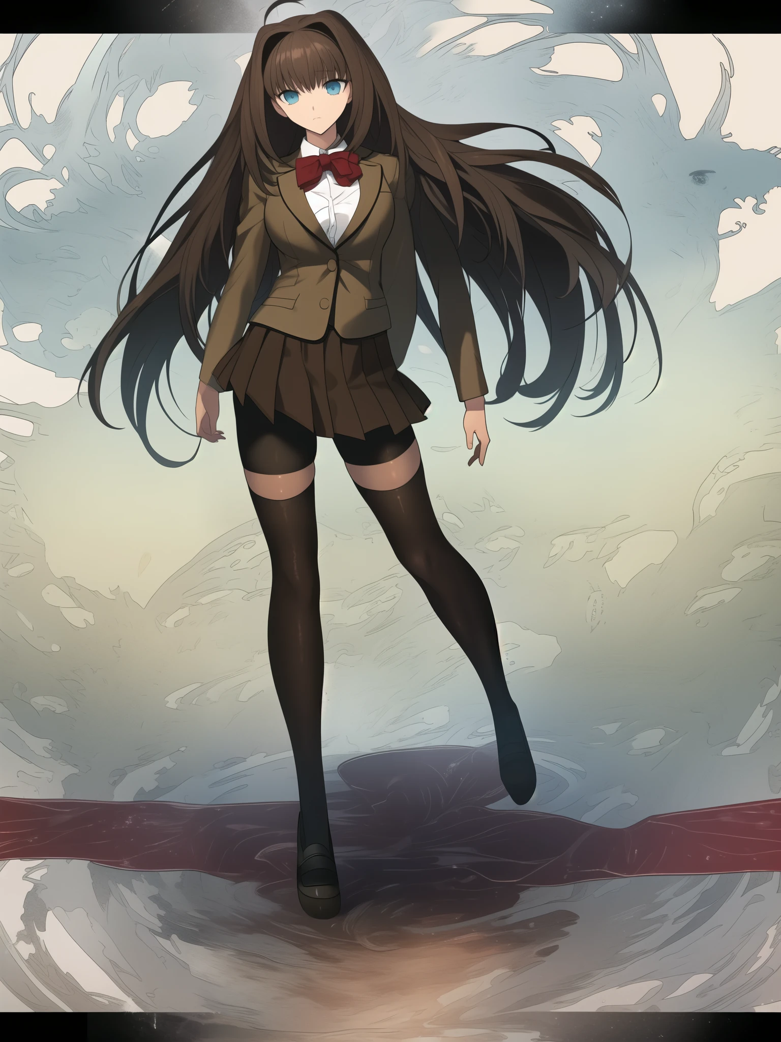 BREAK, blank background, white background, (EMPTY BACKGROUND), BREAK (masterpiece:1.2), best quality, high resolution, 8k, illustration, (beautiful detailed eyes:1.6), extremely detailed face, extremely detailed, CG, perfect hands, perfect anatomy, (((1girl))), (((solo))), (((bbaoko:1)), (((2 legs max:1.7))), (((2 feet max:1.6))), ((swirling vortex shaped longest brown hair:1.5)), (brown longest hair with slightly reddish undertone:1.6), (lush luscious longest brown hair:1.6), (very long voluminous longest brown hair:1.5), serious, blue eyes, red bowtie, (Form-fitting beige blazer:1.5), brown jacket, (highly detailed beautiful face:1.2), (white shirt:1), (well shaped large breasts:1.6), (nice hips:1), (((Umber pleated thigh-high skirt:1.6))), (((black bike shorts:1.4))), (2 nice visible thighs:1.6), (symmetrical thigh-high black colored stockings:1.6), (strap shoes brown color), (facing front:1.5), ((standing straight:1.5)), ((Fullbody in frame:1.6)), ((Full body:1.5))