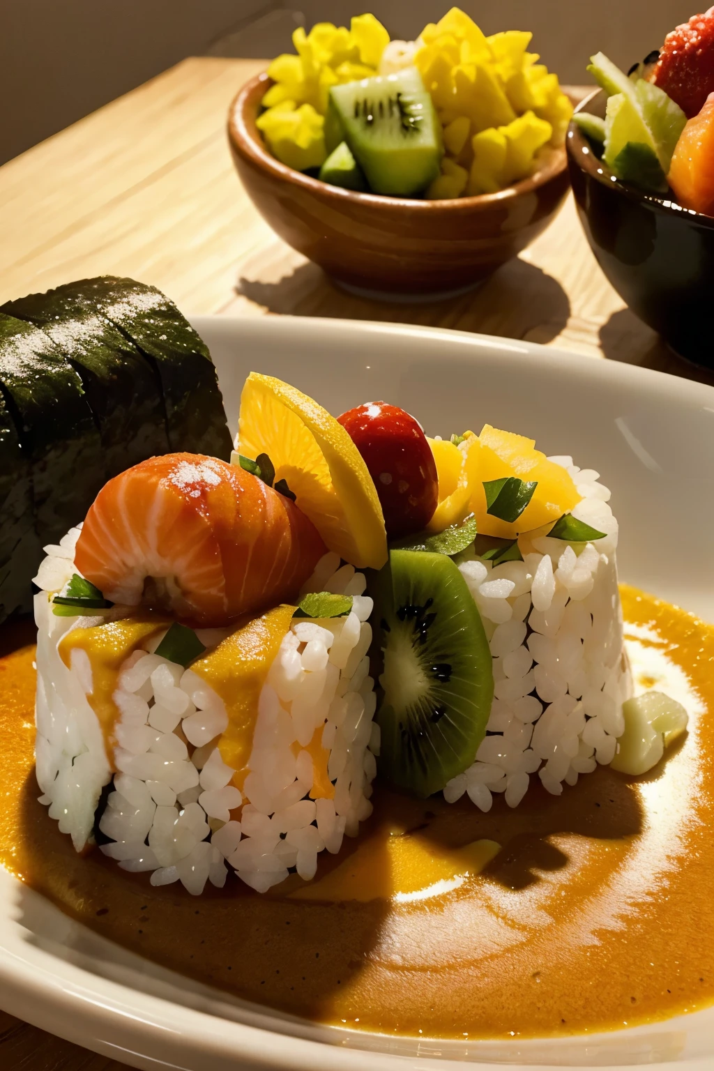 consider a close up short of a dish like sushi rolls, curry with colorful garnishes, or a beautifully arranged fruit platter. ensure the lighting is soft yet highlights the details of the dish, and the background is clean and uncluttered to draw attention to the food 