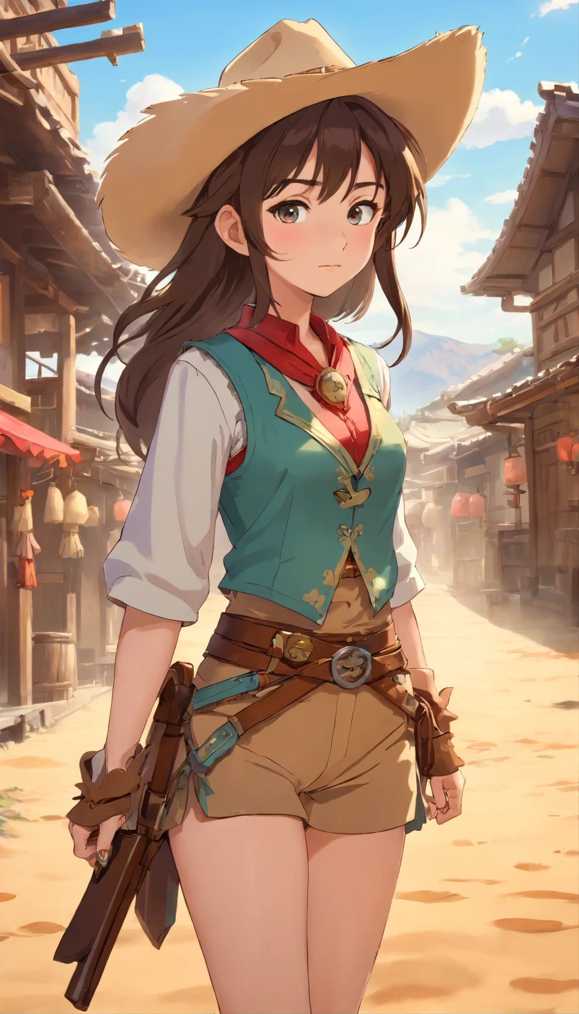 Super fine、High resolution、超絶美highest quality、masterpiece、 Chizuru、solo、enamiKatsumiStyle、 ((High Dynamic Range(HDR))) ,((highest quality、masterpiece))、Ultra-detailed illustrations、非常に詳細なface、 [(Cowboy Shot)] ,(Realistic facial expressions and details)、Brunette、 (I can see the vest)、 (eye、face、Focus on accessories)、Cinematic Lighting、 (High resolutionでファイルサイズが大きい)、 ((Japanese cowgirl costume)) 、(Detailed background with wild west desert and monkeys