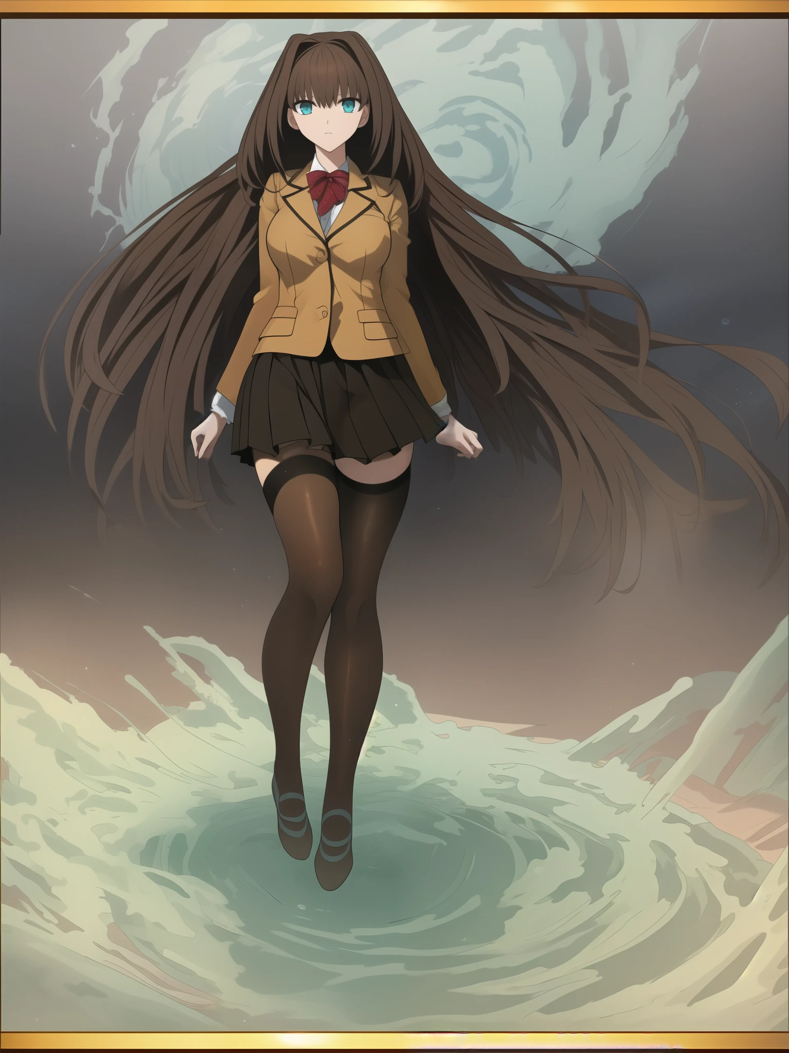 BREAK, blank background, white background, (EMPTY BACKGROUND), BREAK (masterpiece:1.2), best quality, high resolution, 8k, illustration, (beautiful detailed eyes:1.6), extremely detailed face, extremely detailed, CG, perfect hands, perfect anatomy, (((1girl))), (((solo))), (((bbaoko:1)), (((2 legs max:1.7))), (((2 feet max:1.6))), ((swirling vortex shaped longest brown hair:1.5)), (brown longest hair with slightly reddish undertone:1.6), (lush luscious longest brown hair:1.6), (very long voluminous longest brown hair:1.5), serious, blue eyes, red bowtie, (Form-fitting beige blazer:1.5), brown jacket, (highly detailed beautiful face:1.2), (white shirt:1), (well shaped large breasts:1.6), (nice hips:1), (((Umber pleated thigh-high skirt:1.6))), (((black bike shorts:1.4))), (2 nice visible thighs:1.6), (symmetrical thigh-high black colored stockings:1.6), (strap shoes brown color), (facing front:1.5), ((standing straight:1.5)), ((Fullbody in frame:1.6)), ((Full body:1.5))