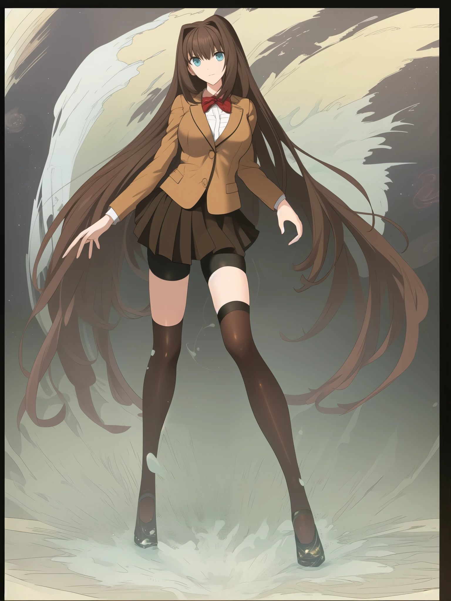 BREAK, blank background, white background, (EMPTY BACKGROUND), BREAK (masterpiece:1.2), best quality, high resolution, 8k, illustration, (beautiful detailed eyes:1.6), extremely detailed face, extremely detailed, CG, perfect hands, perfect anatomy, (((1girl))), (((solo))), (((bbaoko:1)), (((2 legs max:1.7))), (((2 feet max:1.6))), ((swirling vortex shaped longest brown hair:1.5)), (brown longest hair with slightly reddish undertone:1.6), (lush luscious longest brown hair:1.6), (very long voluminous longest brown hair:1.5), serious, blue eyes, red bowtie, (Form-fitting beige blazer:1.5), brown jacket, (highly detailed beautiful face:1.2), (white shirt:1), (well shaped large breasts:1.6), (nice hips:1), (((Umber pleated thigh-high skirt:1.6))), (((black bike shorts:1.4))), (2 nice visible thighs:1.6), (symmetrical thigh-high black colored stockings:1.6), (strap shoes brown color), (facing front:1.5), ((standing straight:1.5)), ((Fullbody in frame:1.6)), ((Full body:1.5))