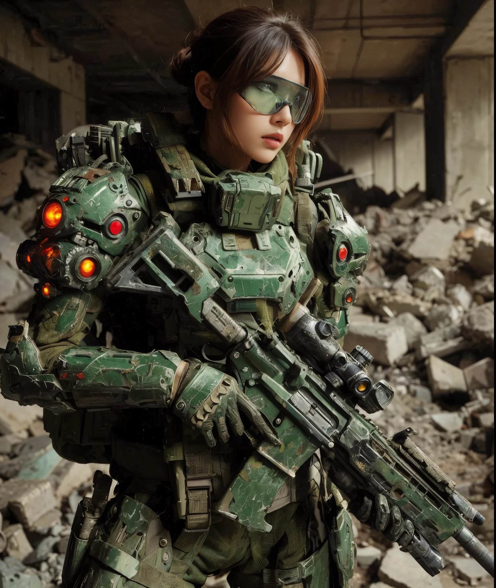 8k,Realistic Skin Texture、Superrealism、Realistic Photo、A futuristic Japanese female soldier stands amongst rubble、Damaged moss green metal armor、Skull mark painted on armor、Painting of the unit and identification number、Peeling paint、Oil stains、Energy Rifle、fighting spirit、Detailed Description、Dynamic pose、goggles