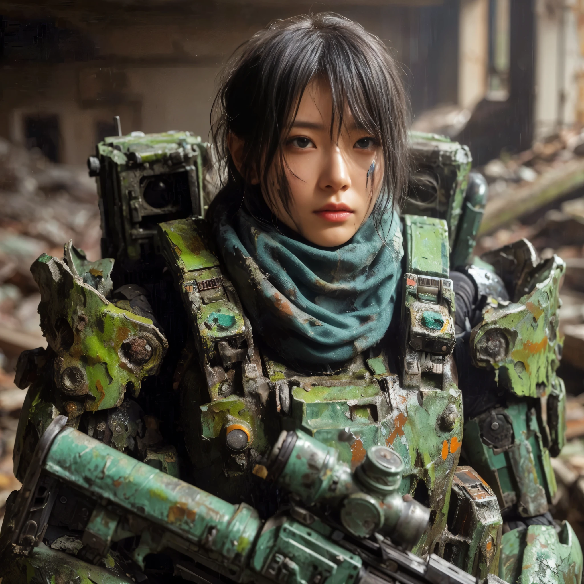 8k,Realistic Skin Texture、Superrealism、Realistic Photo、A futuristic Japanese female soldier stands amongst rubble、Damaged moss green metal armor、Skull mark painted on armor、Painting of the unit and identification number、Peeling paint、Oil stains、Energy Rifle、fighting spirit、Detailed Description、Dynamic pose