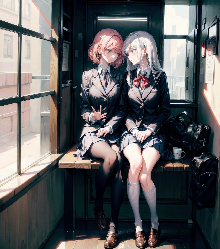 (((yuri))), (((2 girls))), ((school_uniform)), absurdres, RAW photo, extremely delicate and beautiful, masterpiece, Best Quality, ultra high resolution, 32k, hyperrealistic, ultra-detailed, detailed description, perfect anatomy, pale skin, 20 years old, detailed beautiful face and eyes, tearful mole, earring, short medium hair, wavy hair, random colored hair, whole body shot, colossal tits, blazer, collared shirt, skirt, 