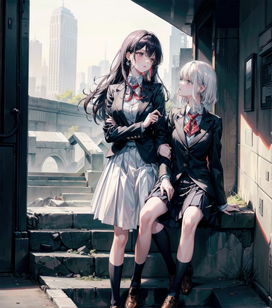(((yuri))), (((2 girls))), ((school_uniform)), absurdres, RAW photo, extremely delicate and beautiful, masterpiece, Best Quality, ultra high resolution, 32k, hyperrealistic, ultra-detailed, detailed description, perfect anatomy, pale skin, 20 years old, detailed beautiful face and eyes, tearful mole, earring, short medium hair, wavy hair, random colored hair, whole body shot, colossal tits, blazer, collared shirt, skirt,