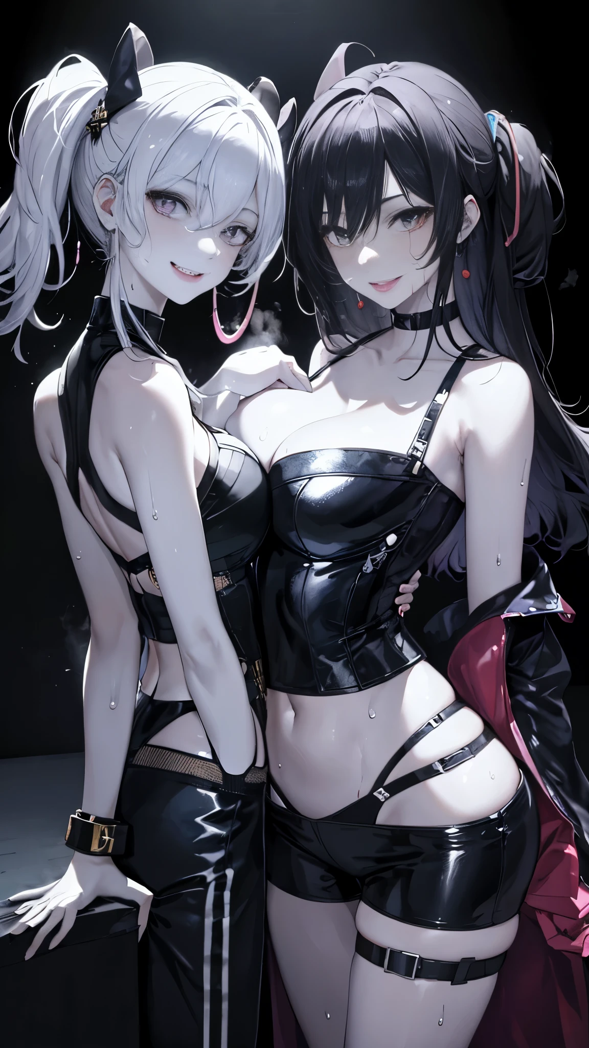 Silver hair twintails　Big Breasts　beautiful girl　Black Lingerie　Black garter belt　Black knee socks　nude　Lewd　Lick　tongue　Drooling　Black enamel　Black high heels　Black Bondage　Climax　Crimson Eyes　Nipple piercing　
