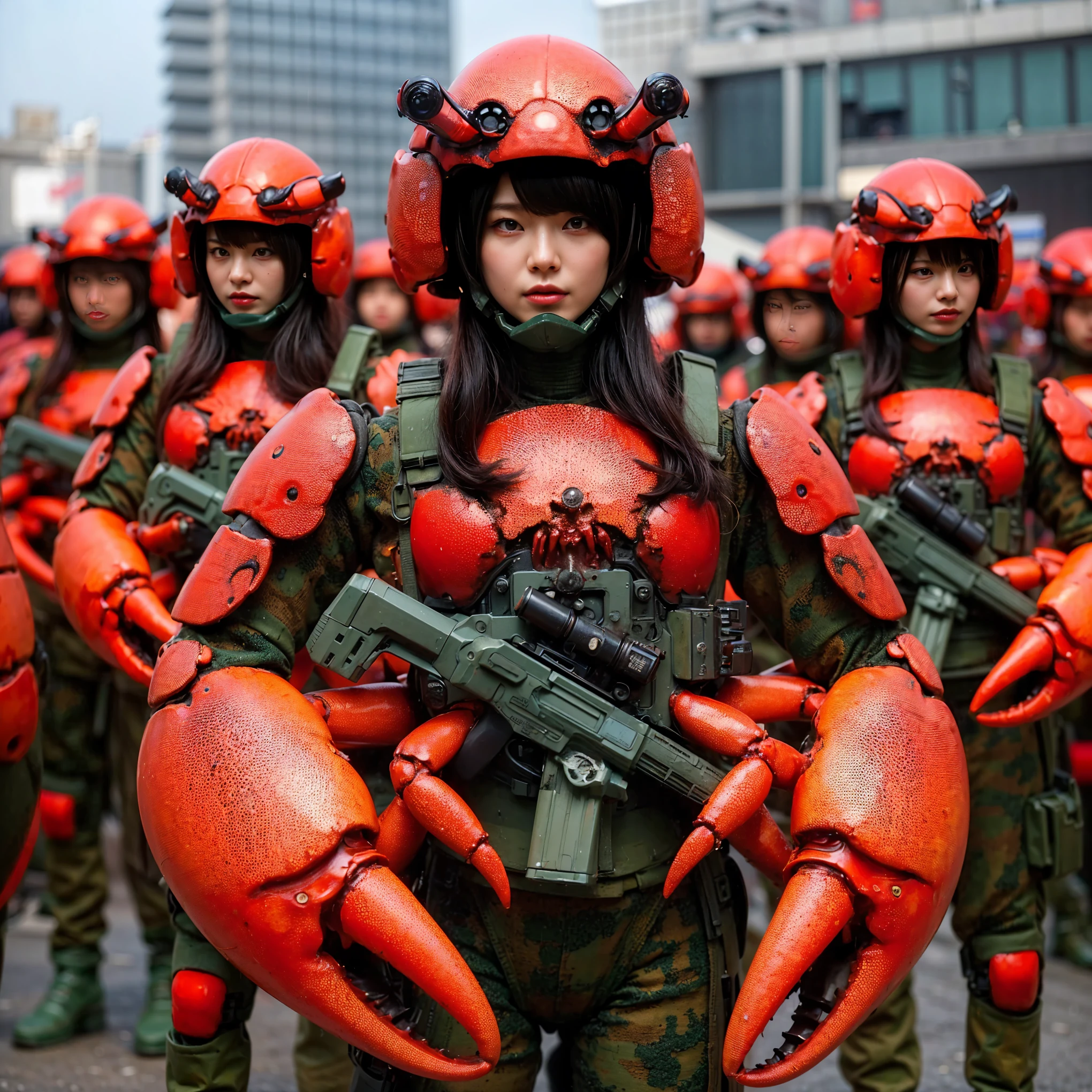 (top-quality:1.2, masterpiece), ultra high resolution, (Photorealsitic:1.4), (crab-base body),  1 Japanese female, extremely realistic face, (white hair), ((ultimately intricate all details)), (whole body picture), realistic shadow, octan render, glossy textures, character edge light, Details of complex ornaments,  dystopia with a beautiful view at night, fighting pose