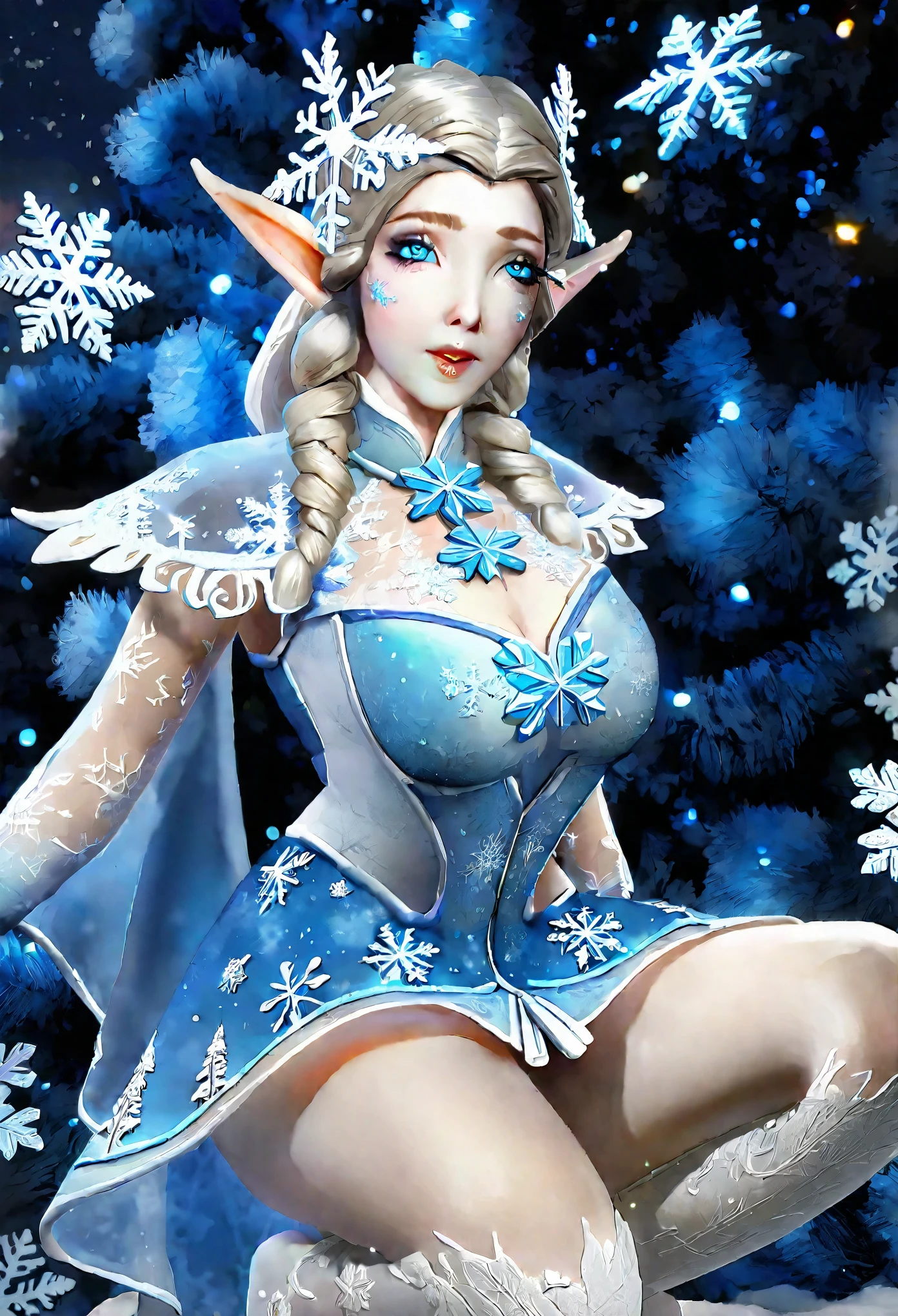 a gorgeous frost elf woman with pale blue eyes and lips, ceramic white skin, in a sheer blue dress with snowflake embroidery, playing in a winter wonderland at night, starry sky, snow-covered trees, glowing moon, magical atmosphere, detailed face and clothing, ultra-detailed, 8k, photorealistic, dramatic lighting, fantasy art (show her entire body, head to toe, show all of her)