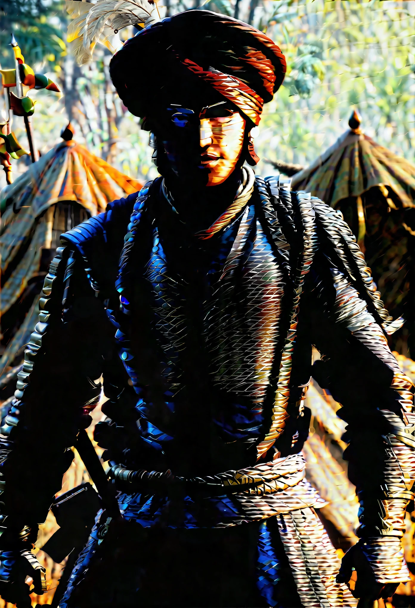 Ancient Indian warrior on a battlefield, wearing full battle gear and turban, facing the camera, finely detailed outfit and weapon, intricate design and details, ultra-detailed, highest detail quality, ultra-realistic, photography lighting, reflection mapping, photorealistic, cinematic, cinematic noise, movie quality rendering, octane rendering, sharp focus, 8k, depth of field, real shadow, vfx post-production, rtx ray tracing lighting --ar 9:16
