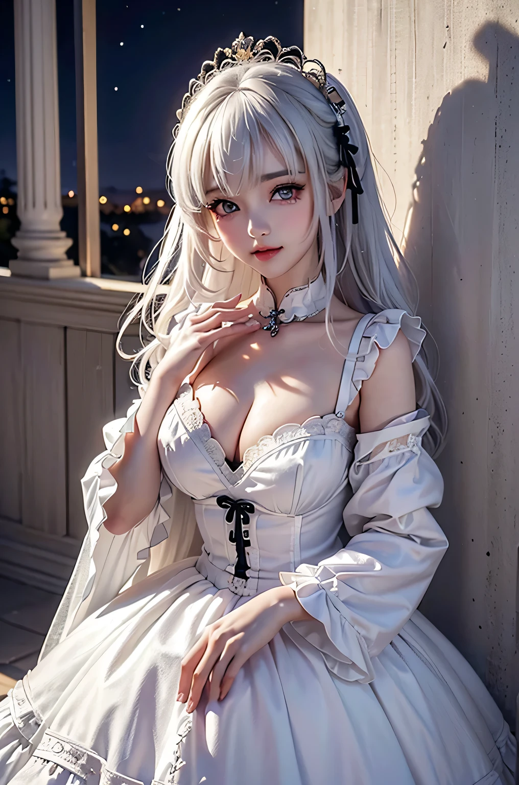 (masterpiece:1.4, best quality, 8k, dutch angle,Realistic、Photorealistic illustrations, Every detail、Intricate details)(1girl, solo)(cute girl, Detailed faces down to the smallest detail、 small beautiful breasts, beauty white hair:1.5, Cute Asian Girl、Beautiful cleavage)(Gothic、Lolita Costume、black gothic dress、Monotone dress)(Put your hand on the wall, floating hair)(Night view、Britain in the late 20th century、A row of stone houses、out door、moon、Soft Light、Fantastic lights、Beautiful hair that shines through the light)
