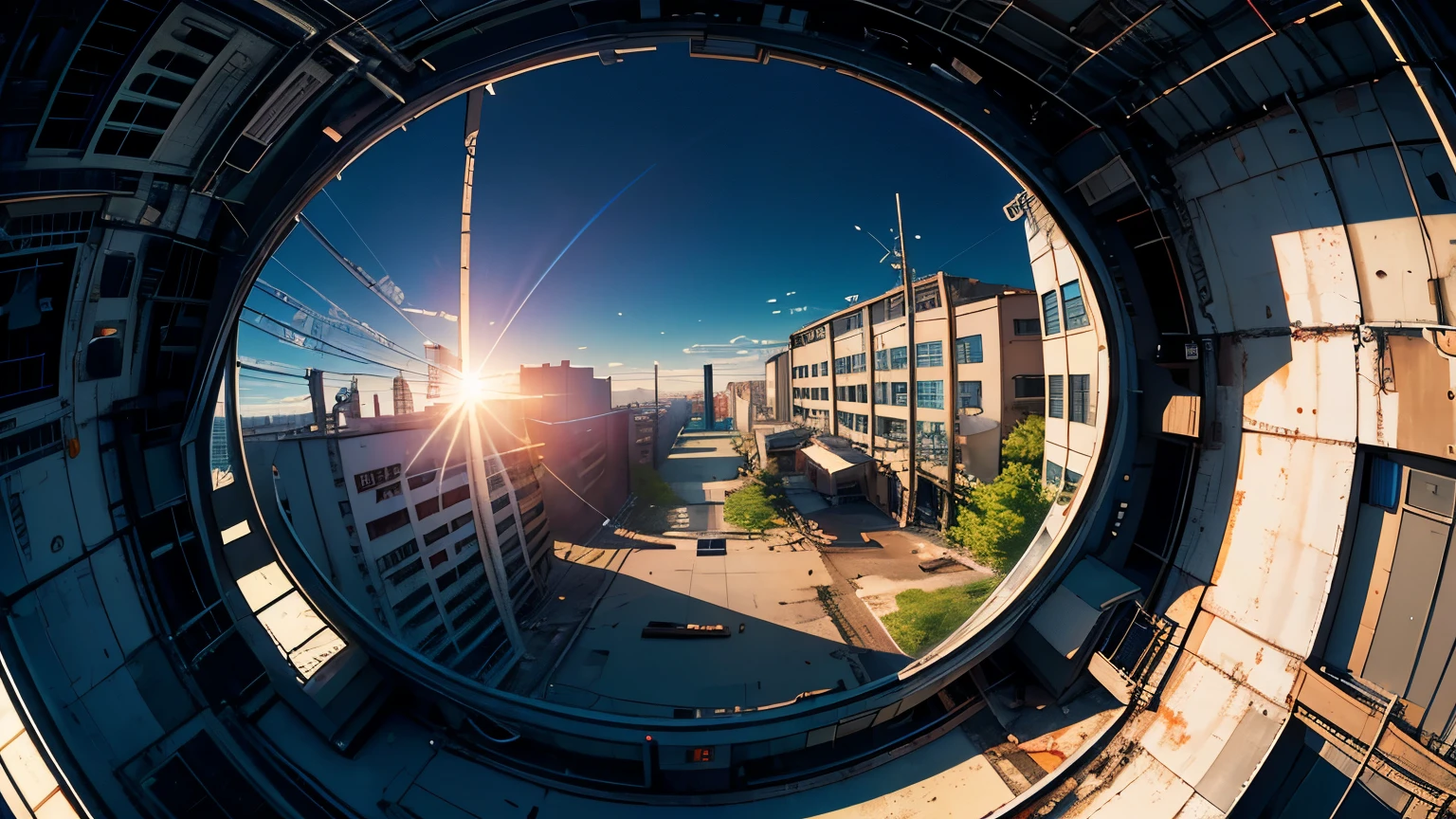 (Fish-eye lens),Icon, Logo, Very Wide White Background, Extreme Quality, Masterpiece, 8k, Depth of Field, Complex Detail, (No People), Very Large Margin, Lots of Text, Corporate Logo, Space, Motif, Emblem, Movie Poster-Like, Fisheye, (Abandoned Factory), (Lots of Wires), Spacecraft, Moon, Sun Flare, sunset,