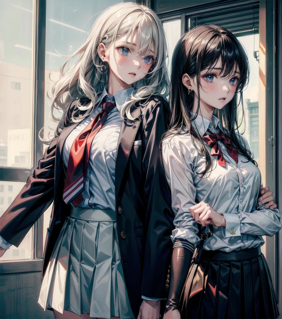 (((yuri))), (((2 girls))), ((school_uniform)), absurdres, RAW photo, extremely delicate and beautiful, masterpiece, Best Quality, ultra high resolution, 32k, hyperrealistic, ultra-detailed, detailed description, perfect anatomy, pale skin, 20 years old, detailed beautiful face and eyes, tearful mole, earring, short medium hair, wavy hair, random colored hair, whole body shot, colossal tits, blazer, collared shirt, skirt,