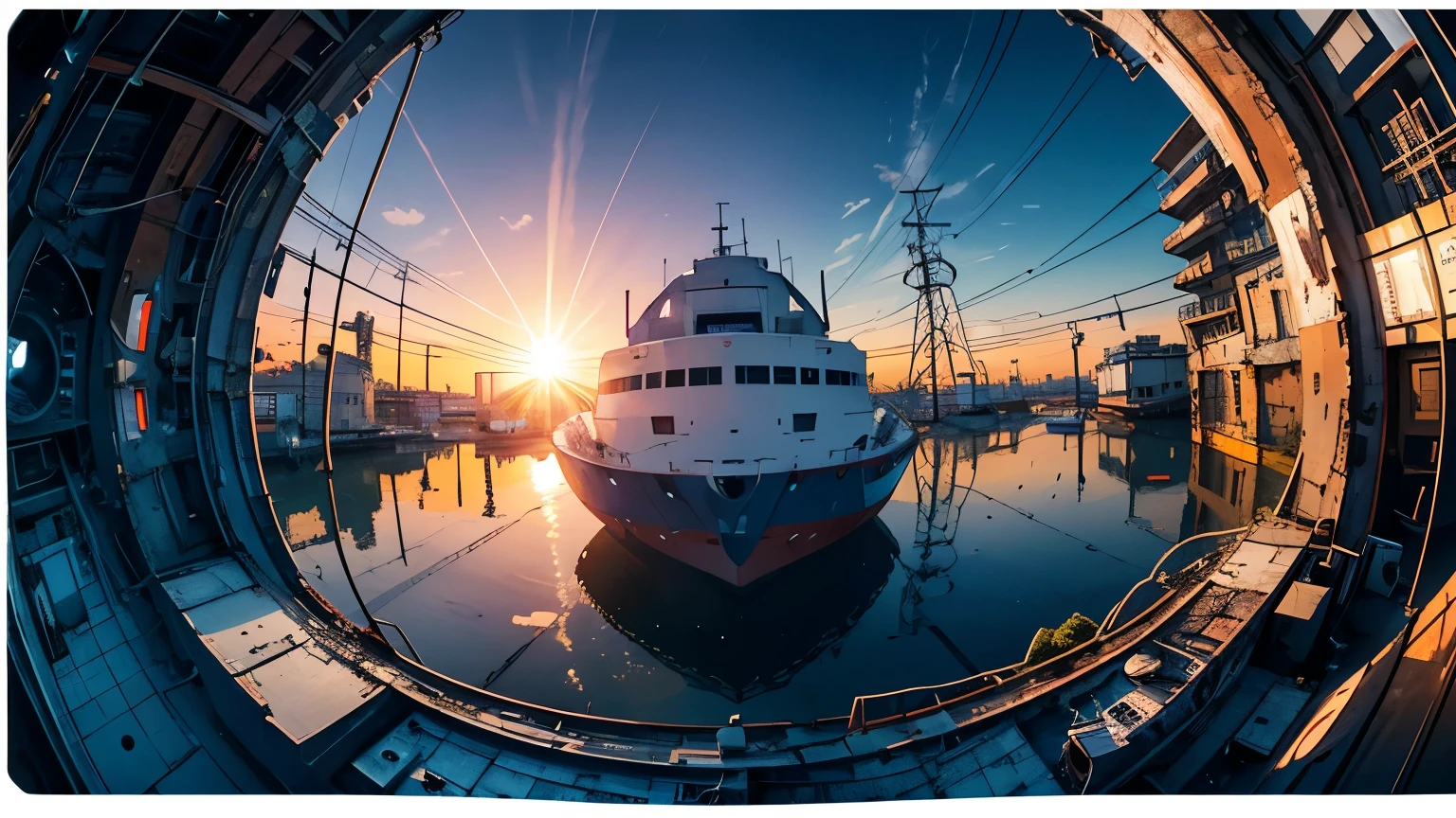 (Fish-eye lens),Icon, Logo, Very Wide White Background, Extreme Quality, Masterpiece, 8k, Depth of Field, Complex Detail, (No People), Very Large Margin, Lots of Text, Corporate Logo, Space, Motif, Emblem, Movie Poster-Like, Fisheye, (Abandoned Factory), (Lots of Wires), Spacecraft, Moon, Sun Flare, sunset,