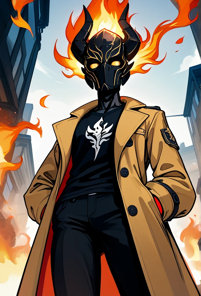 adult male, (completely black head, charcoal head, head on fire, head in flames, head covered in flames), (no face, unseen face), tall, fit body, (golden eyes, side eyeing viewer), (long trench coat, black t-shirt, black pants), hands in trench coat, below view, sidewalk, morning, cowboy shot