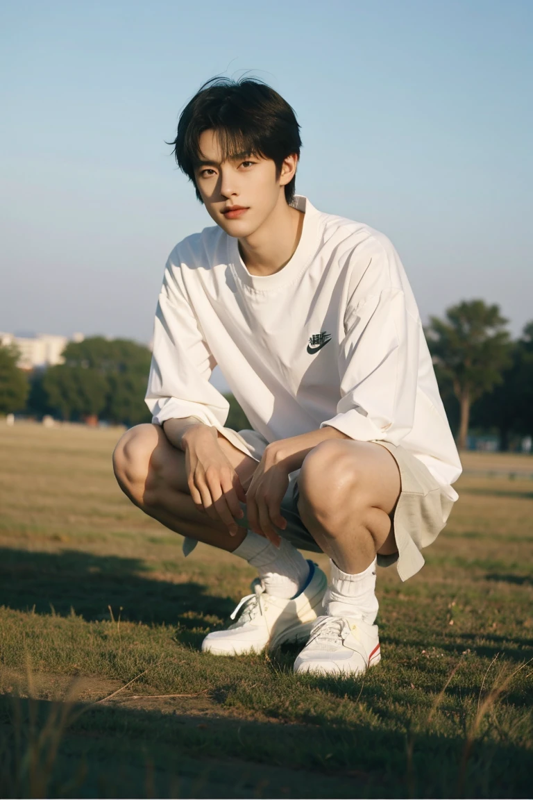 nansheng,1 boy,Solitary,Wearing white Nike socks，Socks and feet close-up，Male focus,sky空,outdoor,sky,Practical,shirt,Grass,Whole body,white shirt,Shut up,(The best shadow),Wheels within wheels, bright, Lens distortion correction，(The best shadow),Wheels within wheels, bright, Lens distortion correction