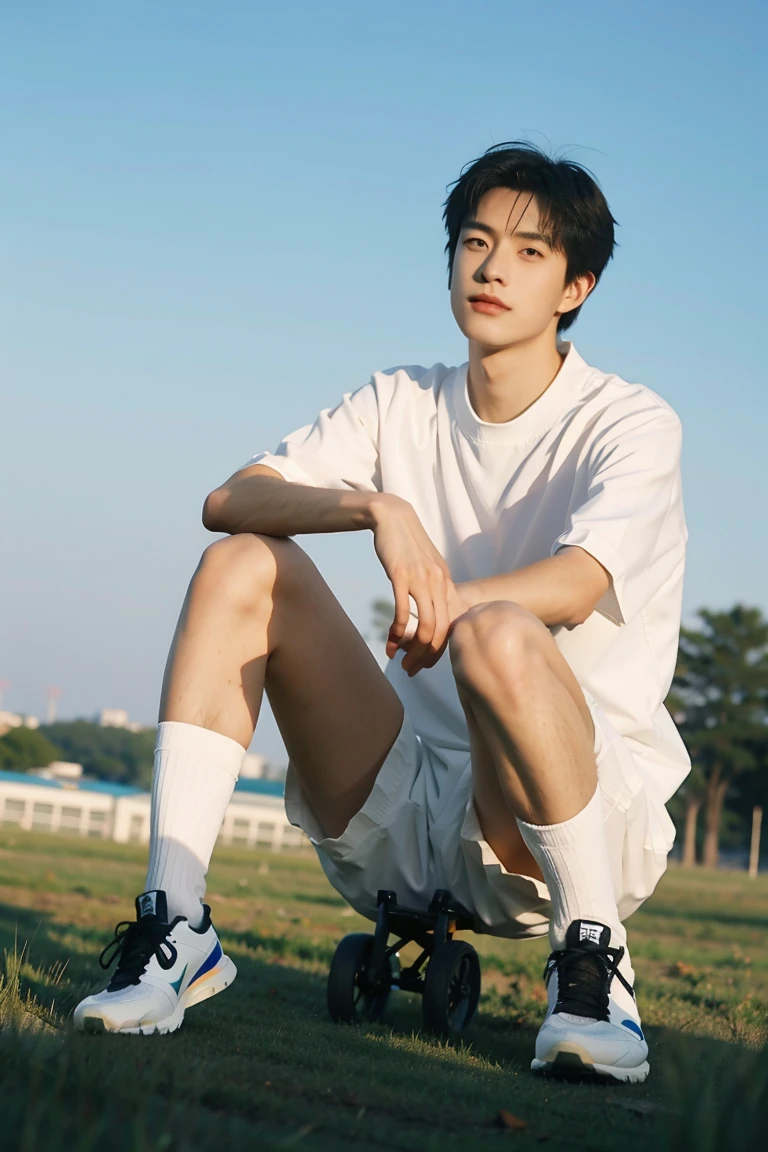 nansheng,1 boy,Solitary,Wearing white Nike socks，Socks and feet close-up，Male focus,sky空,outdoor,sky,Practical,shirt,Grass,Whole body,white shirt,Shut up,(The best shadow),Wheels within wheels, bright, Lens distortion correction，(The best shadow),Wheels within wheels, bright, Lens distortion correction