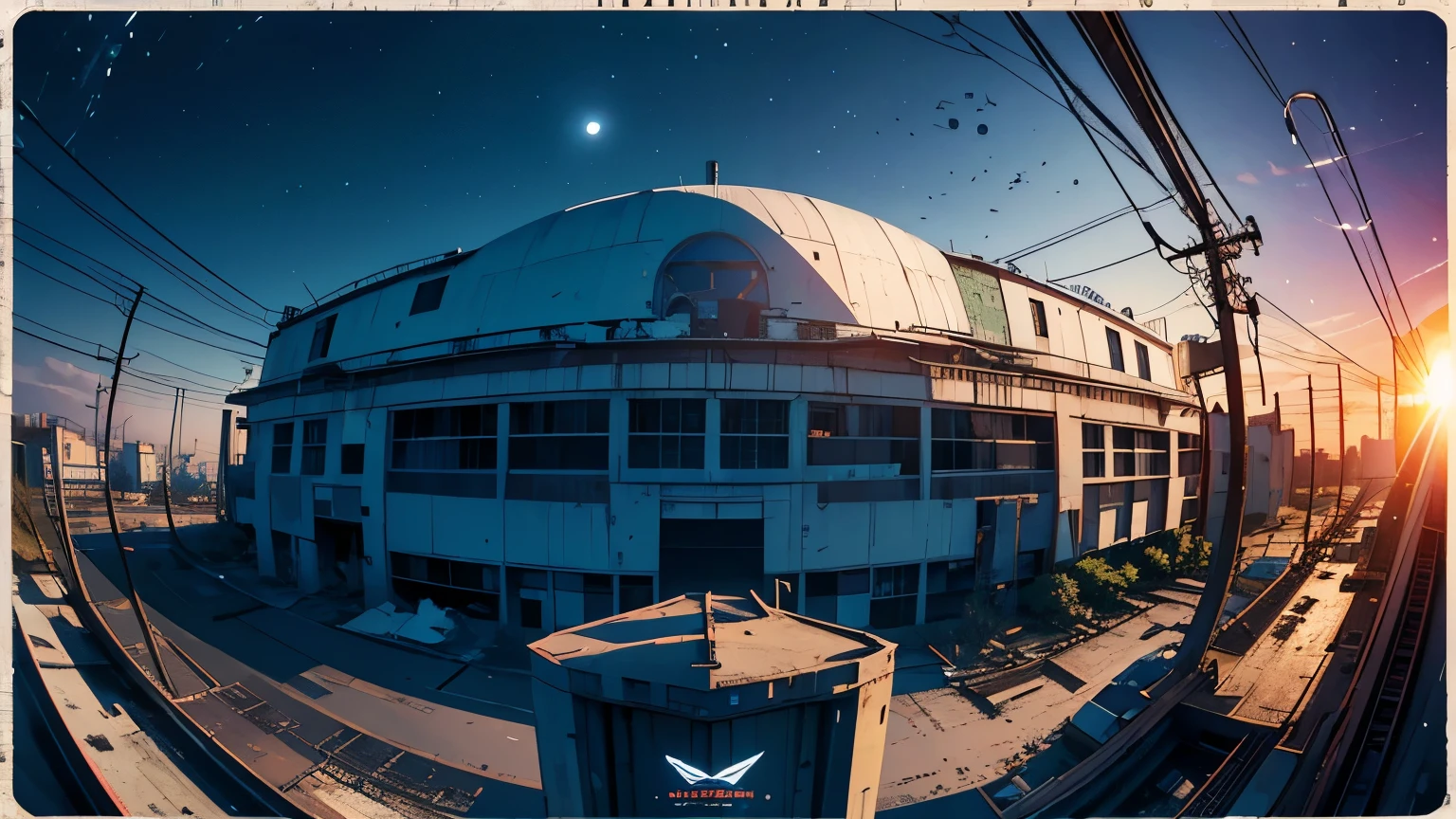 (Fish-eye lens),Icon, Logo, Very Wide White Background, Extreme Quality, Masterpiece, 8k, Depth of Field, Complex Detail, (No People), Very Large Margin, Lots of Text, Corporate Logo, Space, Motif, Emblem, Movie Poster-Like, Fisheye, (Abandoned Factory), (Lots of Wires), Spacecraft, Moon, Sun Flare, sunset,