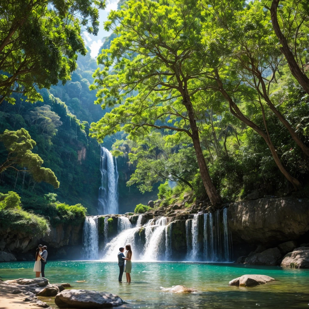 "Crie uma imagem de uma paisagem serena. No centro da imagem, there is a majestic waterfall with crystal clear water falling from a considerable height. Perto da base da cachoeira, there is a man and a woman having a relaxed conversation, aparentando estar felizes. They are dressed casually and looking at each other. Ao redor deles, there are several shady trees that add a vibrant green touch to the scene. in the sky, several birds are flying in different directions, Adding movement and life to the landscape. Sunlight is softly filtered through tree leaves, criando um ambiente acolhedor e tranquilo."