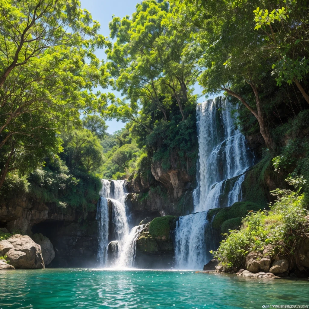 "Crie uma imagem de uma paisagem serena. No centro da imagem, there is a majestic waterfall with crystal clear water falling from a considerable height. Perto da base da cachoeira, there is a man and a woman having a relaxed conversation, aparentando estar felizes. They are dressed casually and looking at each other. Ao redor deles, there are several shady trees that add a vibrant green touch to the scene. in the sky, several birds are flying in different directions, Adding movement and life to the landscape. Sunlight is softly filtered through tree leaves, criando um ambiente acolhedor e tranquilo."