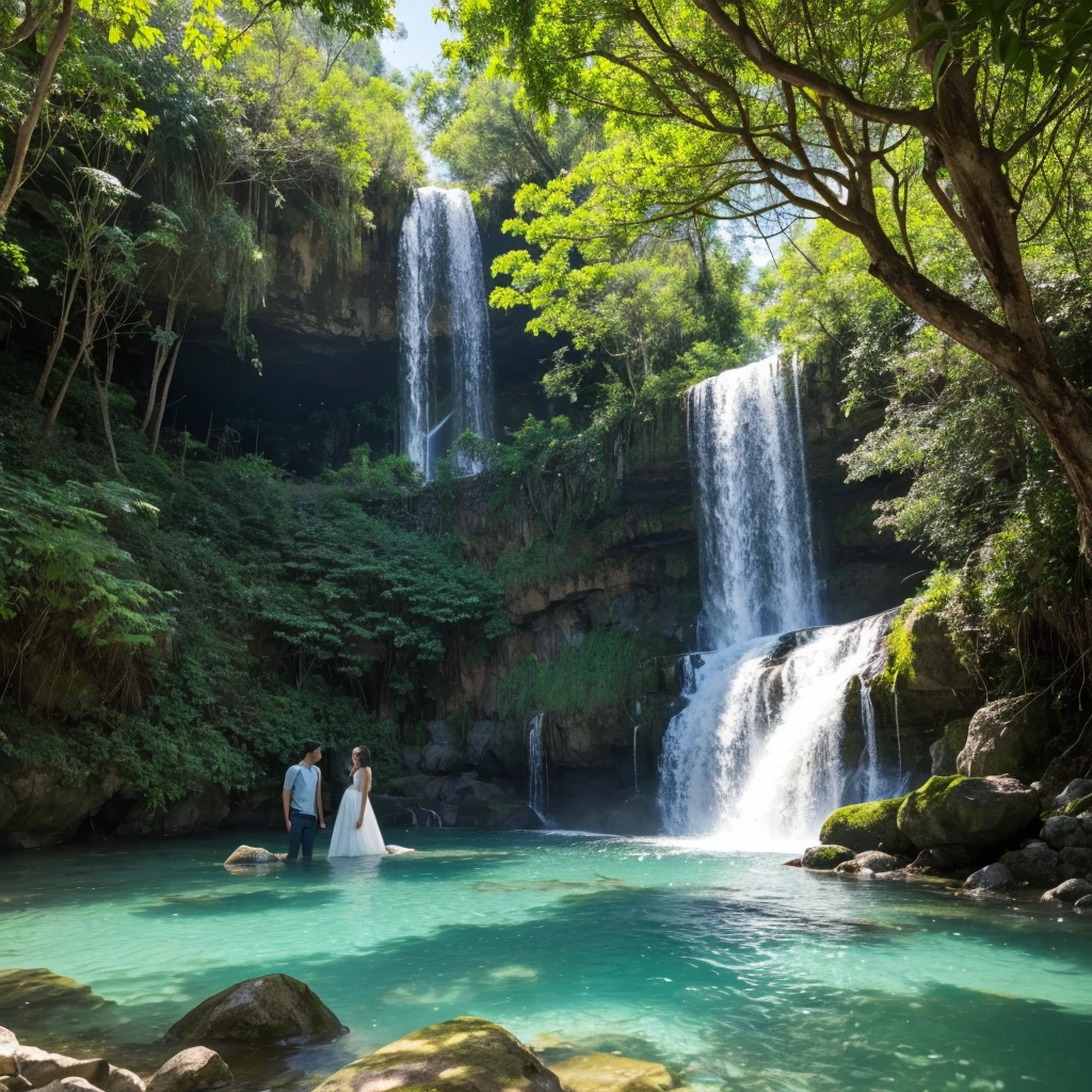 "Crie uma imagem de uma paisagem serena. No centro da imagem, there is a majestic waterfall with crystal clear water falling from a considerable height. Perto da base da cachoeira, there is a man and a woman having a relaxed conversation, aparentando estar felizes. They are dressed casually and looking at each other. Ao redor deles, there are several shady trees that add a vibrant green touch to the scene. in the sky, several birds are flying in different directions, Adding movement and life to the landscape. Sunlight is softly filtered through tree leaves, criando um ambiente acolhedor e tranquilo."