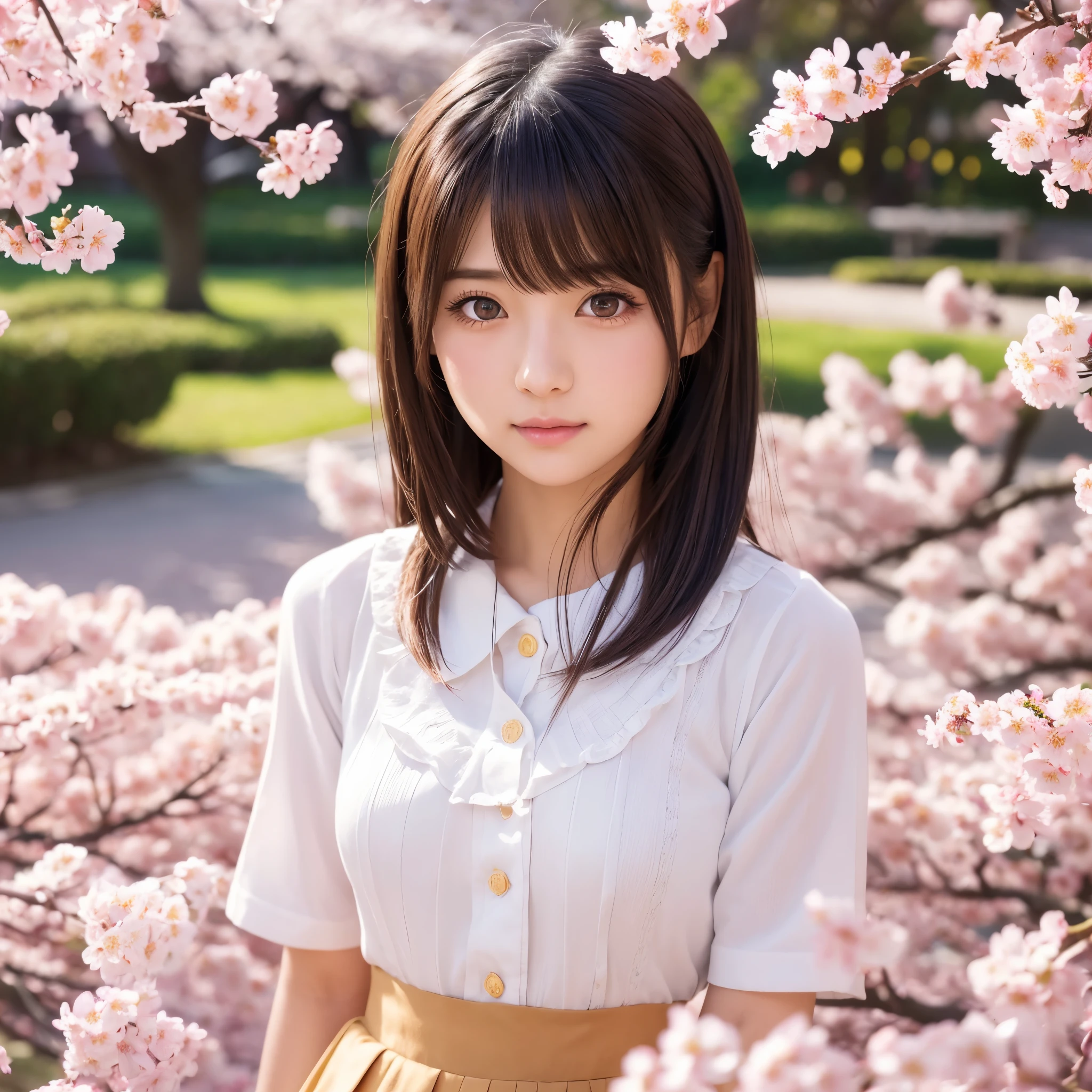 kawaii japanese high school girl, 1girl, beautiful detailed eyes, beautiful detailed lips, extremely detailed face and head, long eyelashes, , school girl, cute expression, standing pose, cherry blossom, sakura trees, japanese garden, sunlight, warm lighting, vibrant colors, soft focus, highly detailed, 8k, photorealistic, intricate details, digital art