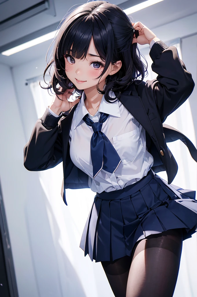 Photorealistic,(8k,masterpiece, best quality: 1.1), (ultra highres, ultra-detailed: 1.2) ,japanese school girl,A girl begins to take off her clothes in front of everyone,(tween,cute,detailed face,(navy hair-color,wavy-short hair),parallel eyebrows,navy eyes with large irises,blunt bangs,small nose, fresh lips,small breasts),(80denier pantyhose),school-uniform,school white blouse,Dark blue pleated skirt,smile,(fullbody), beautiful lighting, volumetric lighting, dynamic angle,