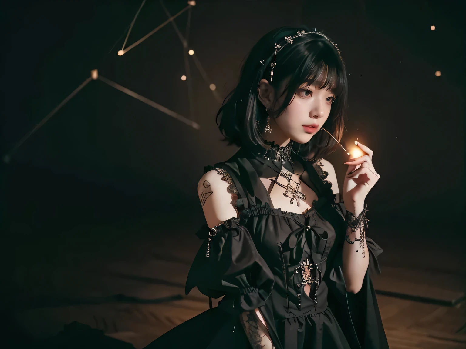 A girl holding an accessory in the shape of a constellation and gazing at it, artistically refined, true-to-life visuals, breathtaking aesthetics, 24-years-old, slender, Medium Hair, bangs, (Gothic_punk dress:1.2), masterpiece, best quality, RAW Photos, candytt, zwd, Celestial Bodies