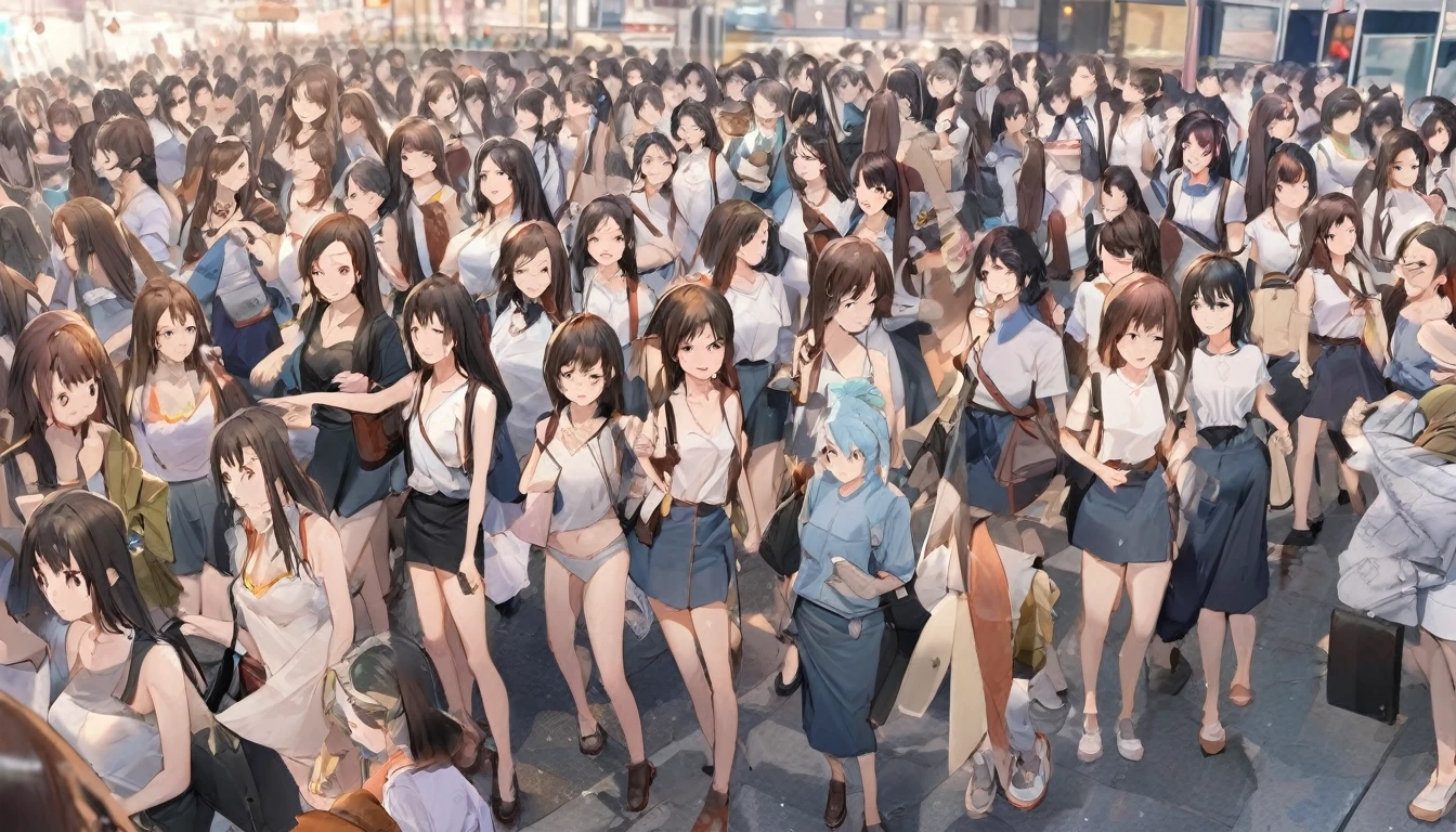 A crowd of girls wearing sleeveless white underwears, sleeveless White tank top underwear,sleeveless White camisole underwear, White panties underwear,leather shoes and shoulder bags commuting to work,Everyone in the same underwear,multiple girls, 5000+ girls