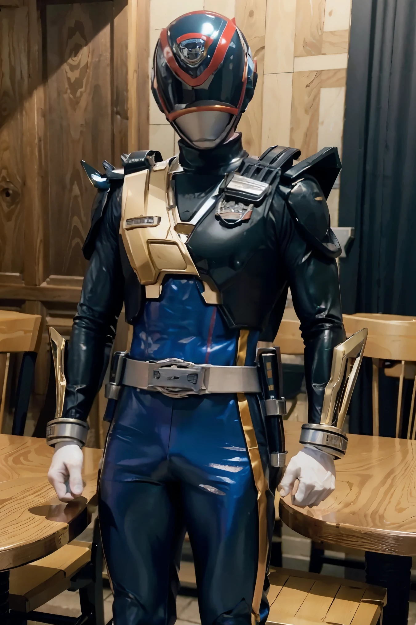 Fantasy background, cafe rpg style, empty chair, table, set of tea glass, (power rangers)), One guy、, ((black ranger suit)), red and blue chest armor with gold details, costume, Solo, ((fit figure)), (Anatomically correct), Cowboy shot, masked face, guns, muscular build