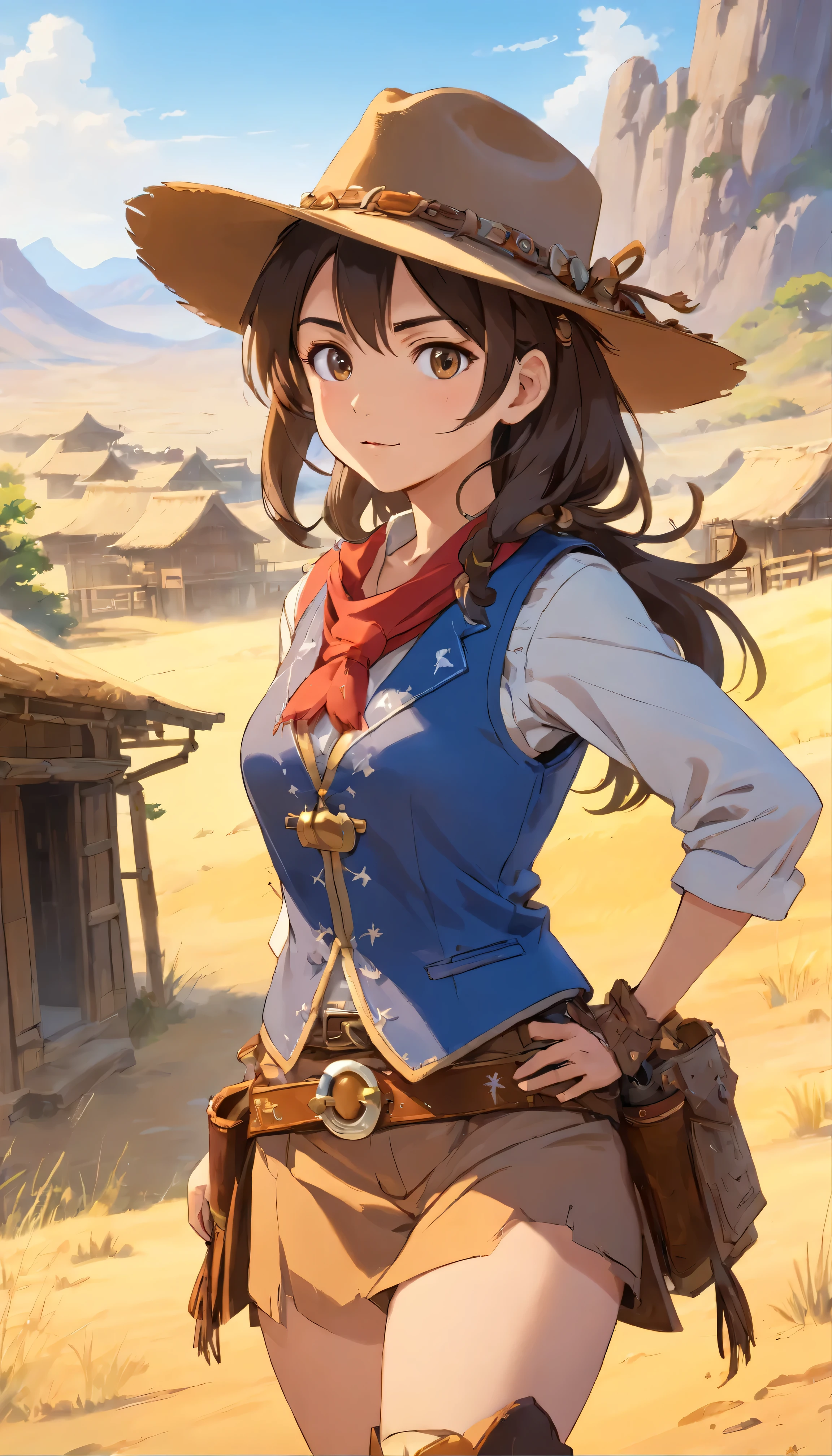 Super fine、High resolution、Superb beauty, highest quality、masterpiece、 Chizuru、solo、enamiKatsumiStyle、 ((High Dynamic Range(HDR))) ,((highest quality、masterpiece))、Ultra-detailed illustrations、Highly detailed face、 [(Cowboy Shot)] ,(Realistic facial expressions and details)、Brunette、 (I can see the vest)、 (eye、face、Focus on accessories)、Cinematic Lighting、 (High resolutionでファイルサイズが大きい)、 ((Japanese cowgirl costume)) 、(Detailed background with wild west desert and monkeys