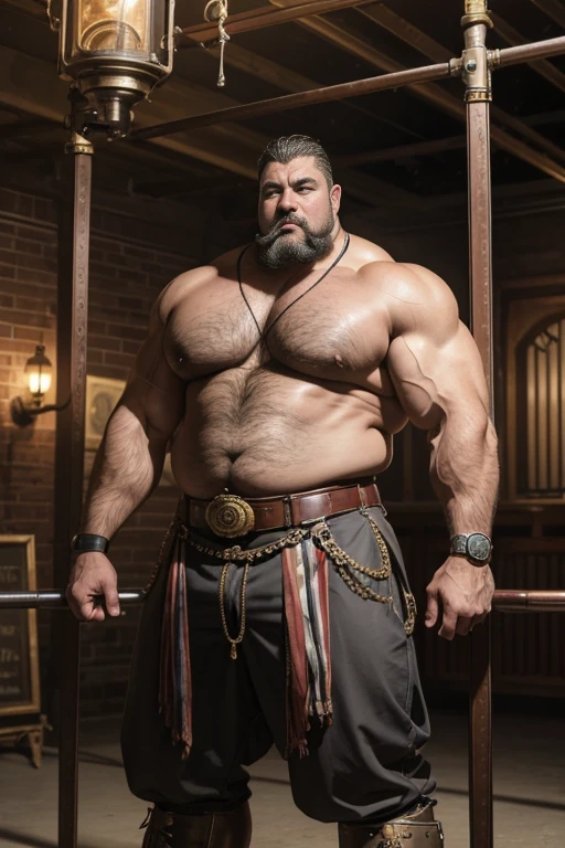  Hyper-realistic image of an elderly 19th century English Steampunk circus tamer superhero with bare torso combed gray hair and huge handlebar mustaches A super heavy bodybuilder flexing his muscles A full body obese bodybuilder with a very sweaty body An extremely muscular and extremely fat man over 70 weighing over 600 pounds a very hairy muscular man with very big legs and sagging pecs big dark nipples and gynecomastia in the lion cage of a steampunk circus dressed in explorer pants and a whip in his hand 