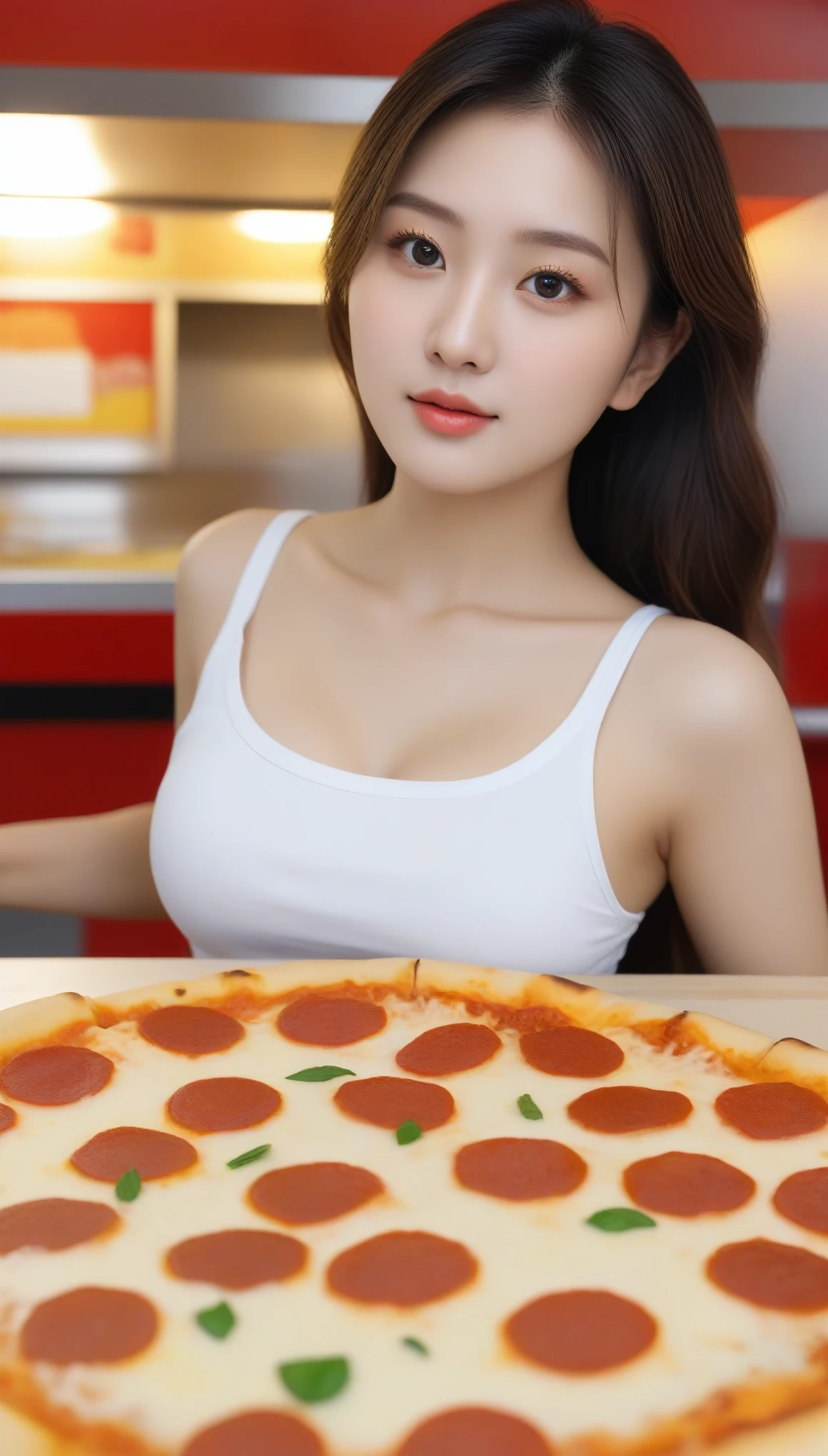 Extreme close-up of beautiful korean female, 34 inches breasts size, wearing t-shirt panda pattern, making pizza, at pizza booth, UHD
