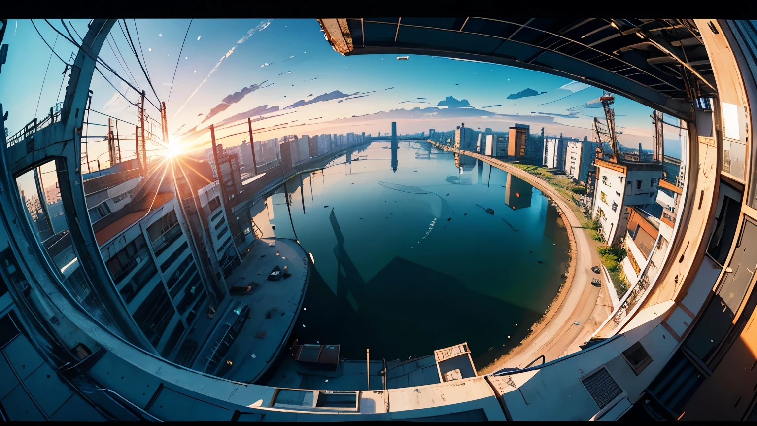 (Fish-eye lens),Icon, Logo, Very Wide White Background, Extreme Quality, Masterpiece, 8k, Depth of Field, Complex Detail, (No People), Very Large Margin, Lots of Text, Corporate Logo, Space, Motif, Emblem, Movie Poster-Like, Fisheye, (Abandoned Factory), (Lots of Wires), Spacecraft, Moon, Sun Flare, sunset,