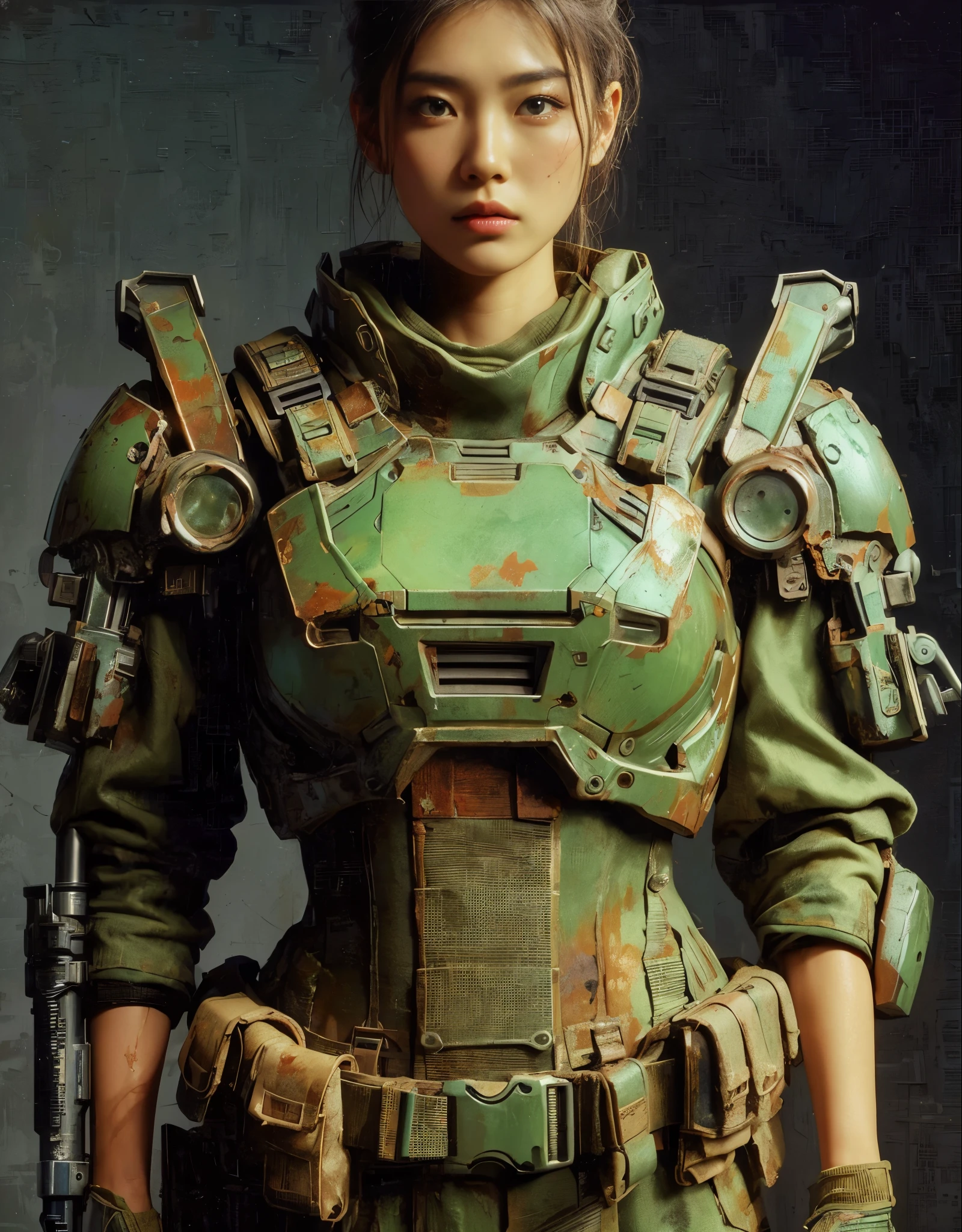 ８ｋ,Realistic Skin Texture、Superrealism、Realistic Photo、A futuristic Japanese female soldier stands amongst rubble、Damaged moss green metal armor、Skull mark painted on armor、Painting of the unit and identification number、Peeling paint、Oil stains、Energy Rifle、fighting spirit、Detailed Description、Dynamic pose
