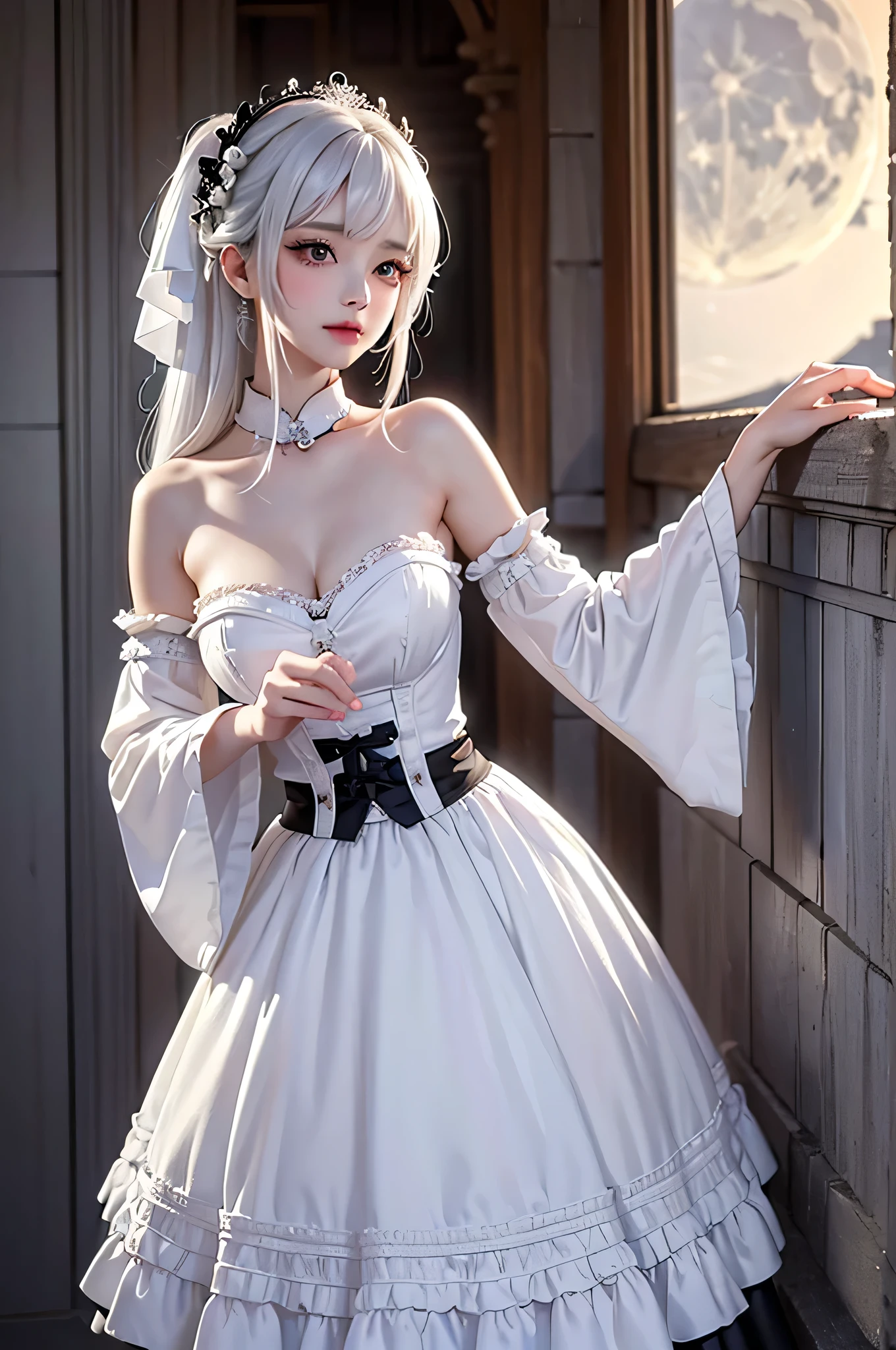 (masterpiece:1.4, best quality, 8k, dutch angle,Realistic、Photorealistic illustrations, Every detail、Intricate details)(1girl, solo)(cute girl, Detailed faces down to the smallest detail、 small beautiful breasts, beauty white hair:1.5, Cute Asian Girl、Beautiful cleavage)(Gothic、ta Costume、black gothic dress、Monotone dress)(Put your hand on the wall, floating hair)(Night view、Britain in the late 20th century、A row of stone houses、out door、moon、Soft Light、Fantastic lights、Beautiful hair that shines through the light)